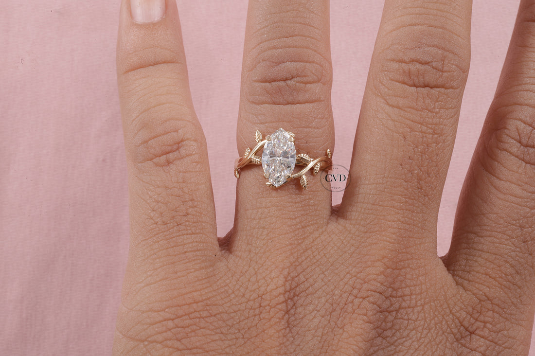 Nature Inspired Marquise Shape Moissanite Leaf Engagement Ring Set