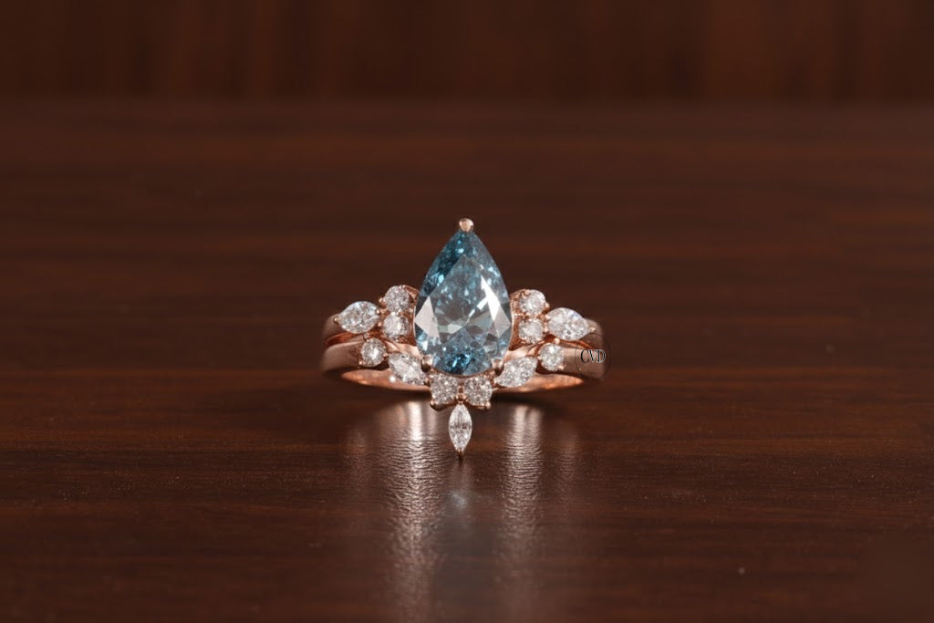 2 CT Blue Pear Cut Lab Grown Diamond Ring, Matching Curved Band
