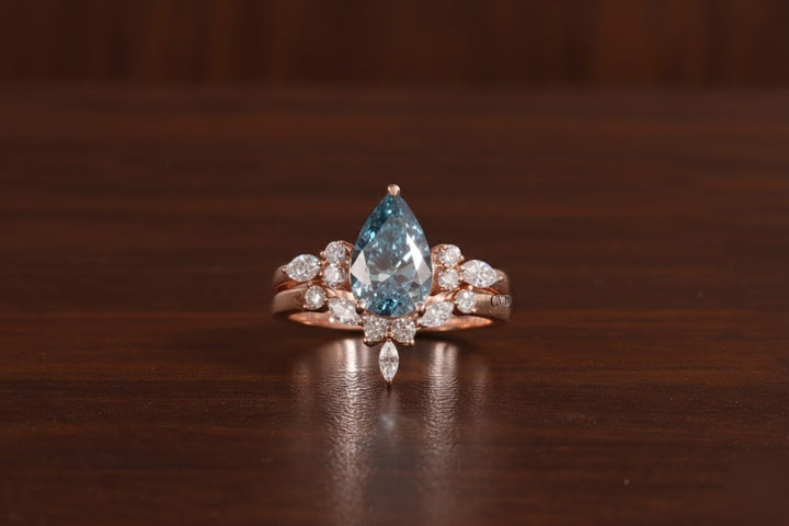 2 CT Blue Pear Cut Lab Grown Diamond Ring, Matching Curved Band