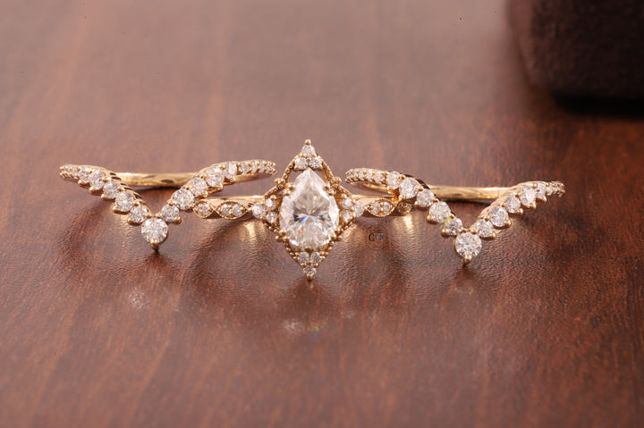 Pear Moissanite Bridal Set 3 Piece, Art Deco Cluster Engagement Ring