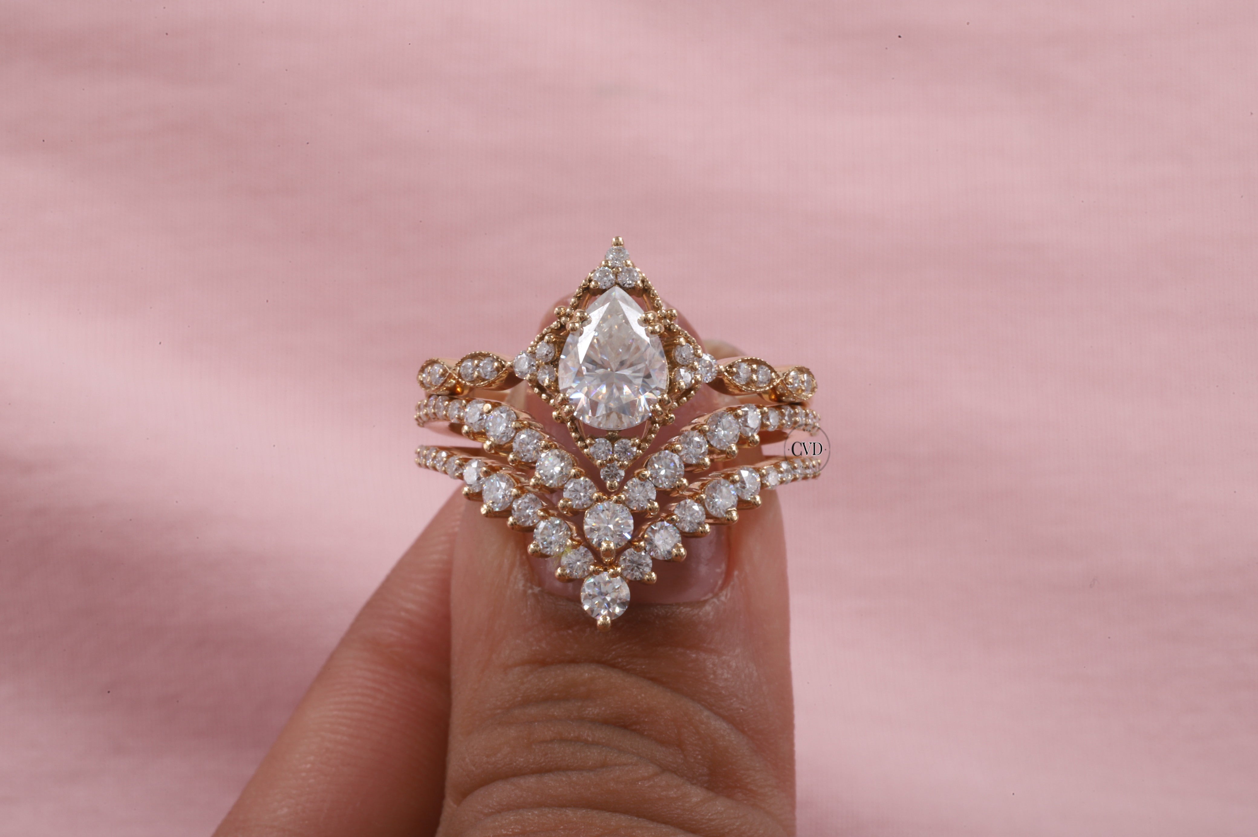 Pear Moissanite Bridal Set 3 Piece, Art Deco Cluster Engagement Ring