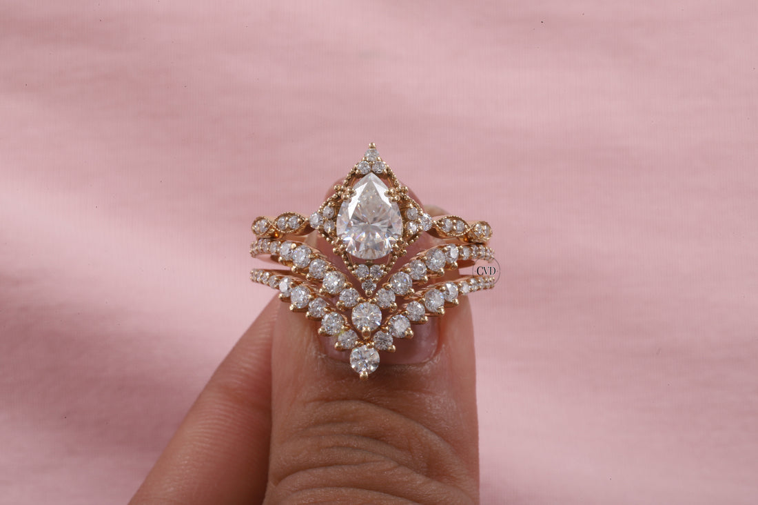Pear Moissanite Bridal Set 3 Piece, Art Deco Cluster Engagement Ring