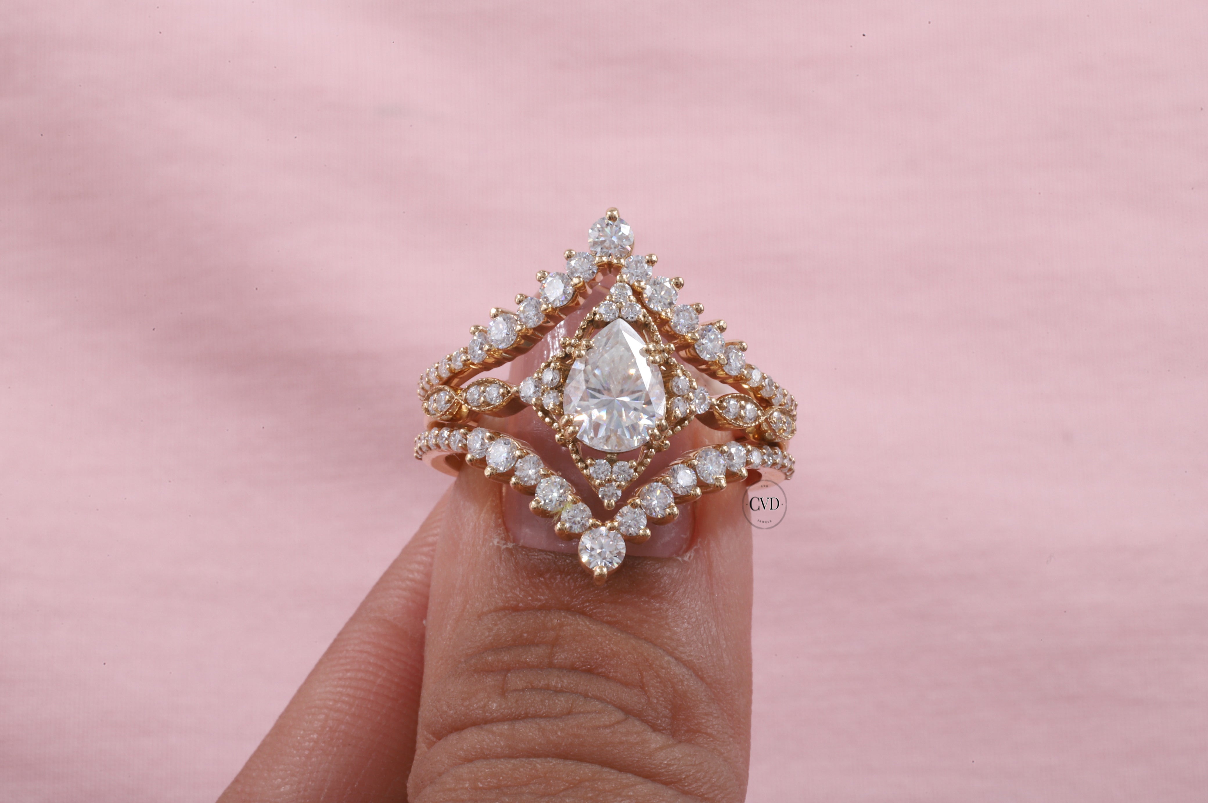 Pear Moissanite Bridal Set 3 Piece, Art Deco Cluster Engagement Ring