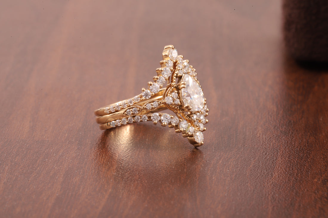 Pear Moissanite Bridal Set 3 Piece, Art Deco Cluster Engagement Ring