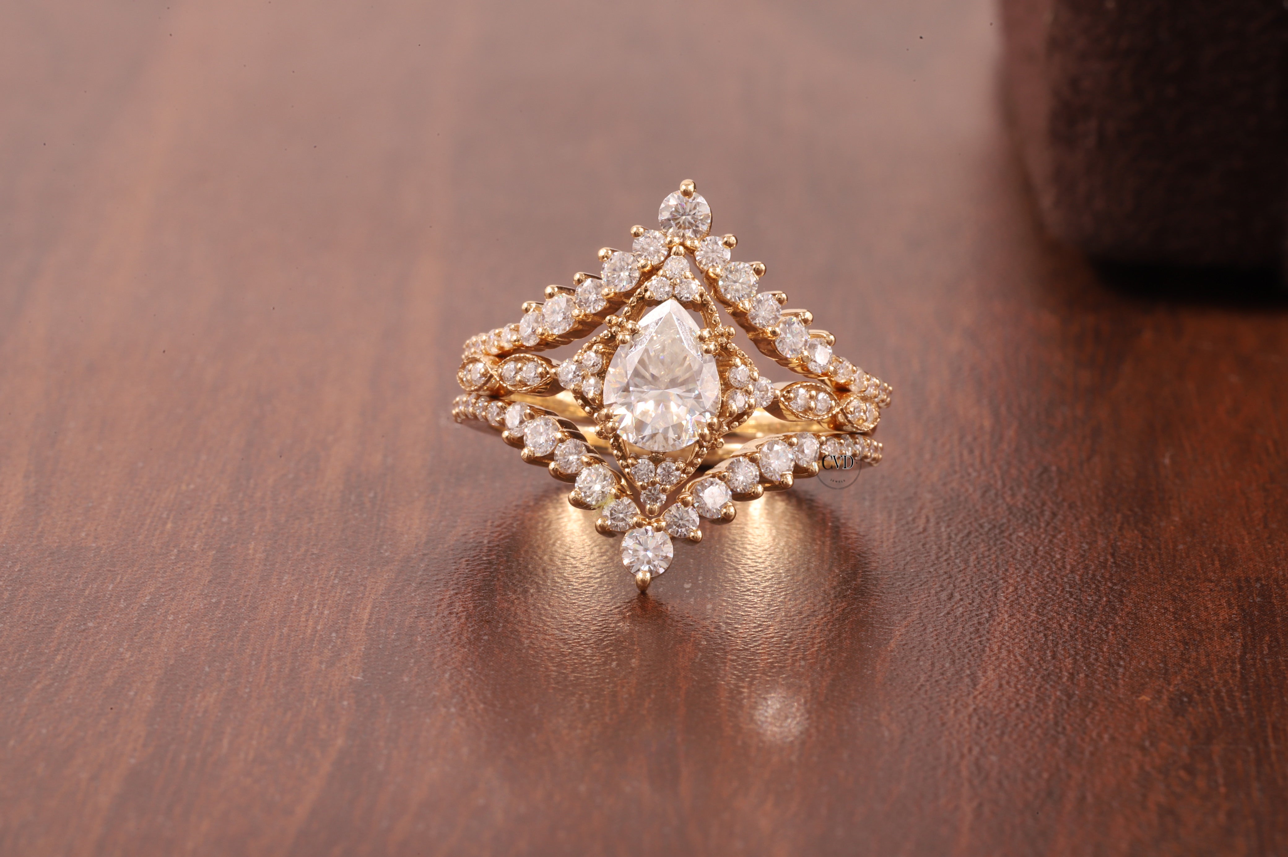 Pear Moissanite Bridal Set 3 Piece, Art Deco Cluster Engagement Ring