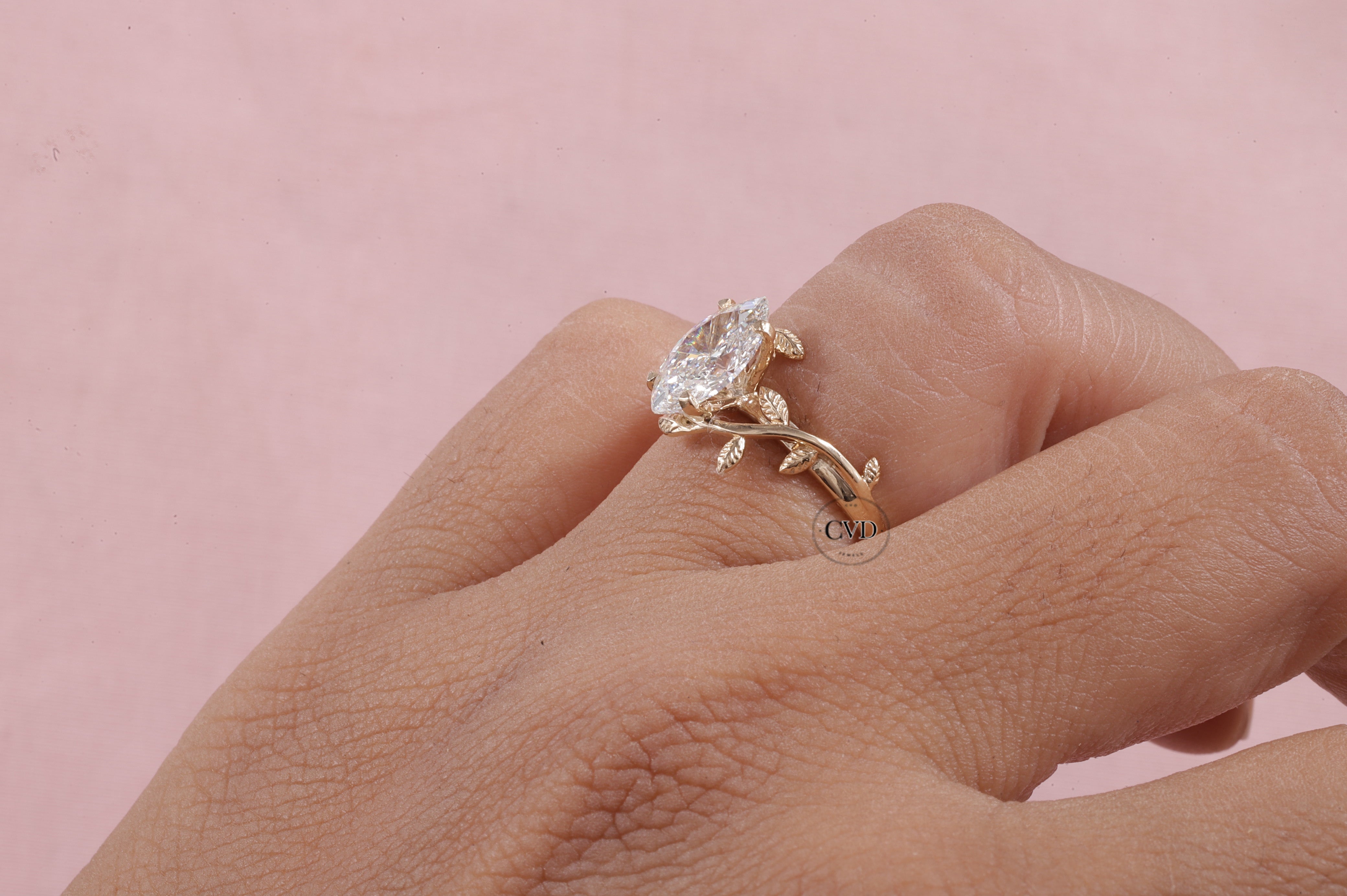 Nature Inspired Marquise Shape Moissanite Leaf Engagement Ring Set