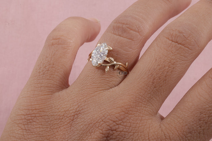 Nature Inspired Marquise Shape Moissanite Leaf Engagement Ring Set