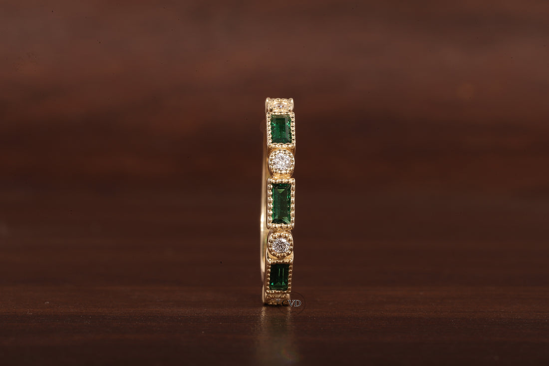 Green baguette and round moissanite milgrain bezel set