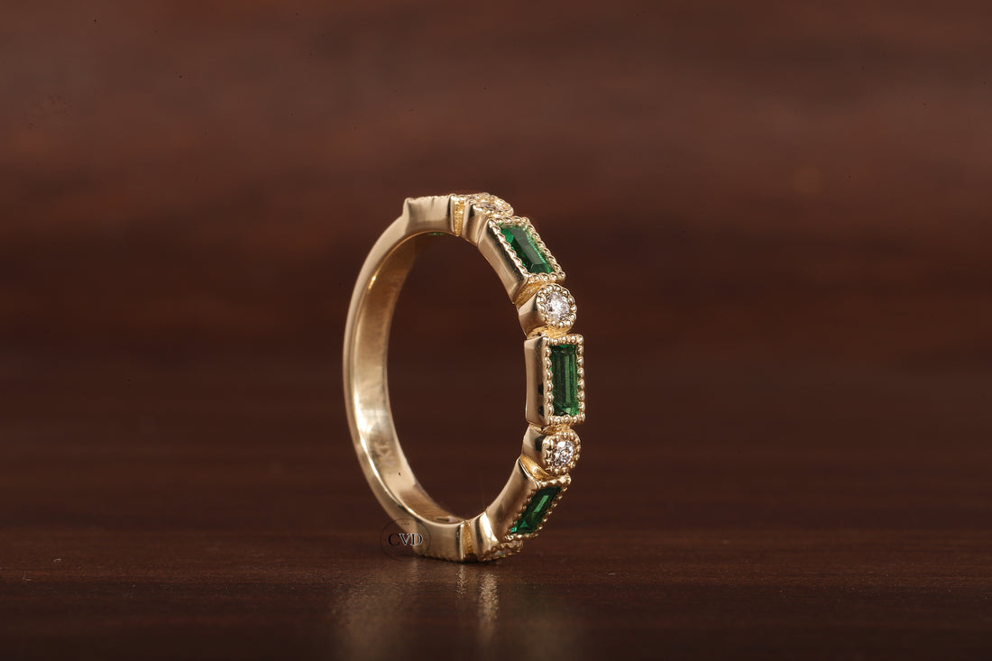 Green baguette and round moissanite milgrain bezel set