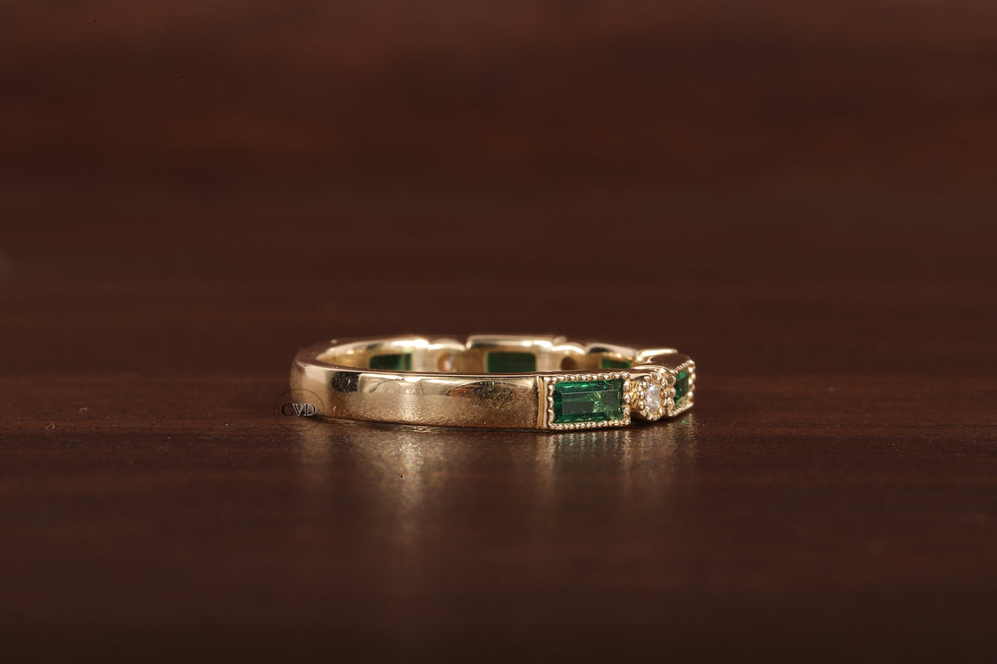 Green baguette and round moissanite milgrain bezel set