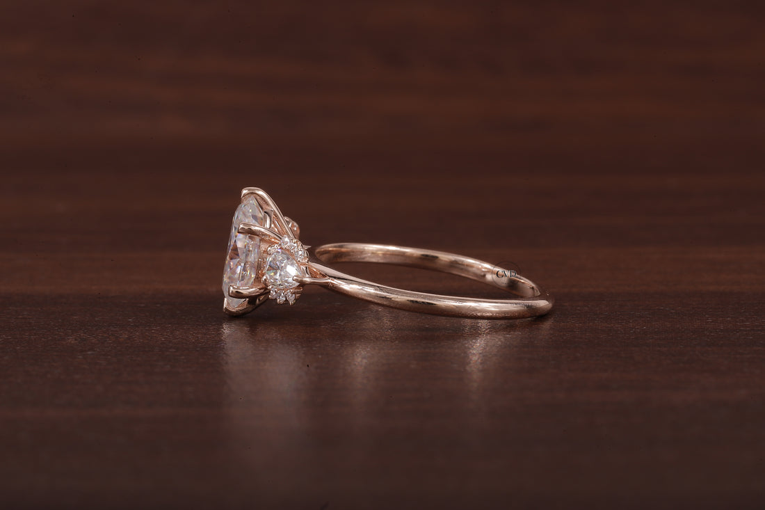 2ct Oval Cut Moissanite Engagement Ring, Oval Moissanite with side Pear Ring