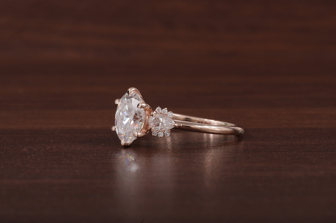 2ct Oval Cut Moissanite Engagement Ring, Oval Moissanite with side Pear Ring