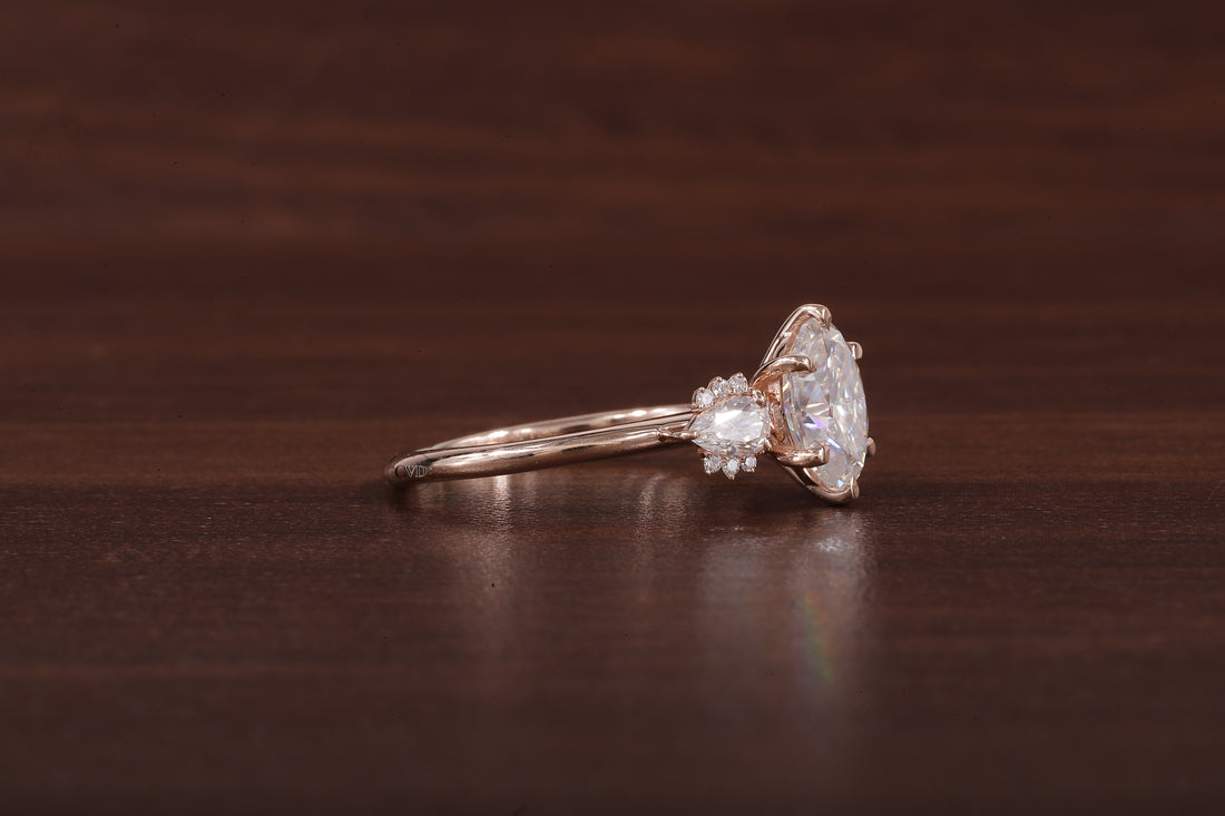 2ct Oval Cut Moissanite Engagement Ring, Oval Moissanite with side Pear Ring