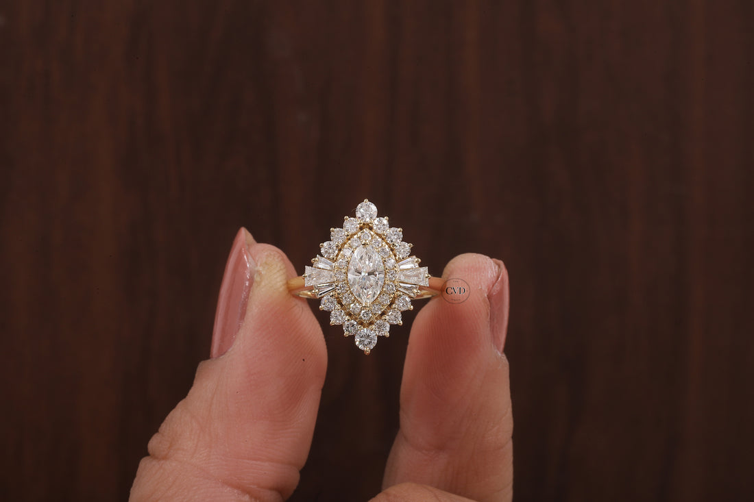 Marquise Lab Grown Diamond Ring Cluster Set Engagement Ring Tapered Baguette