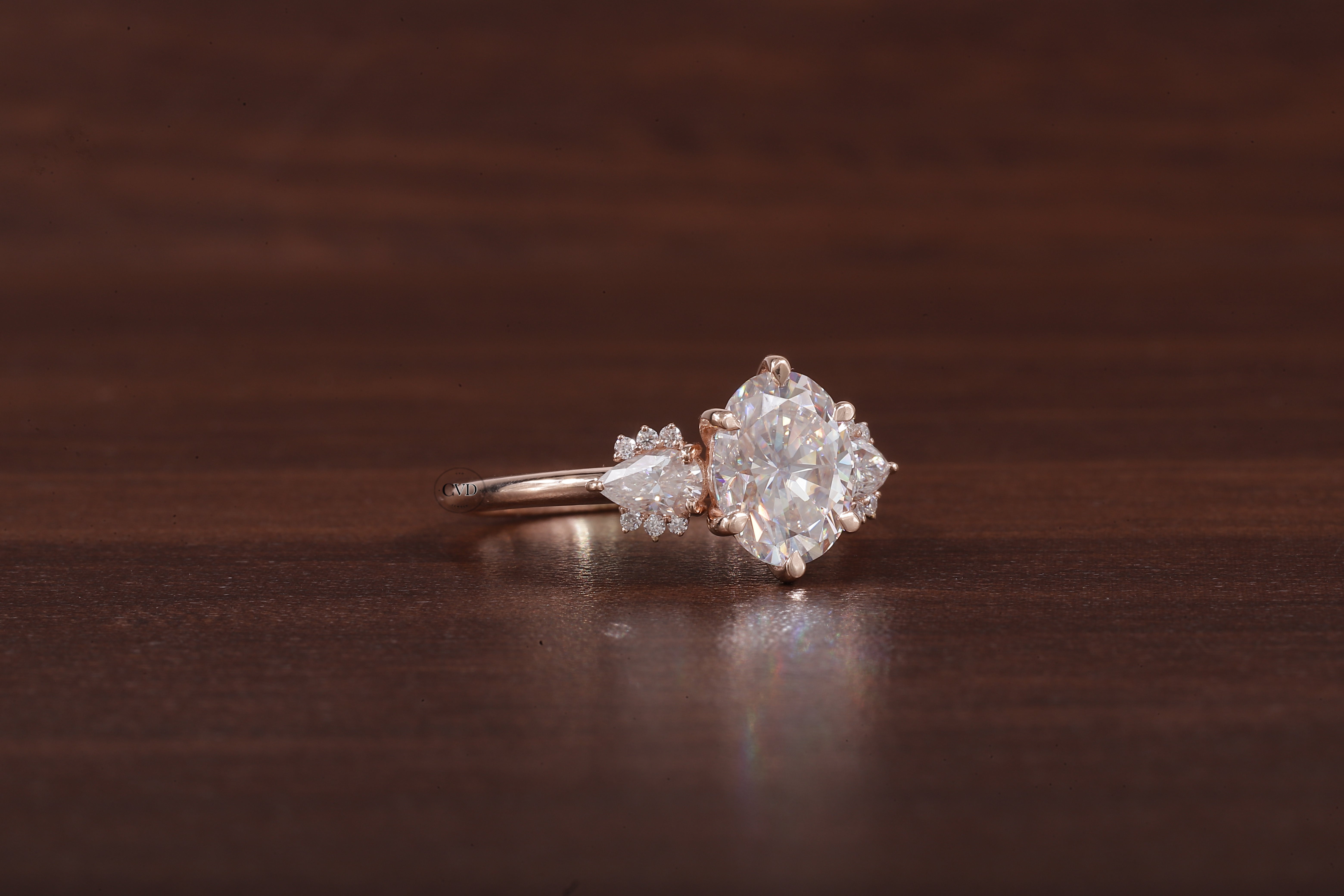 2ct Oval Cut Moissanite Engagement Ring, Oval Moissanite with side Pear Ring