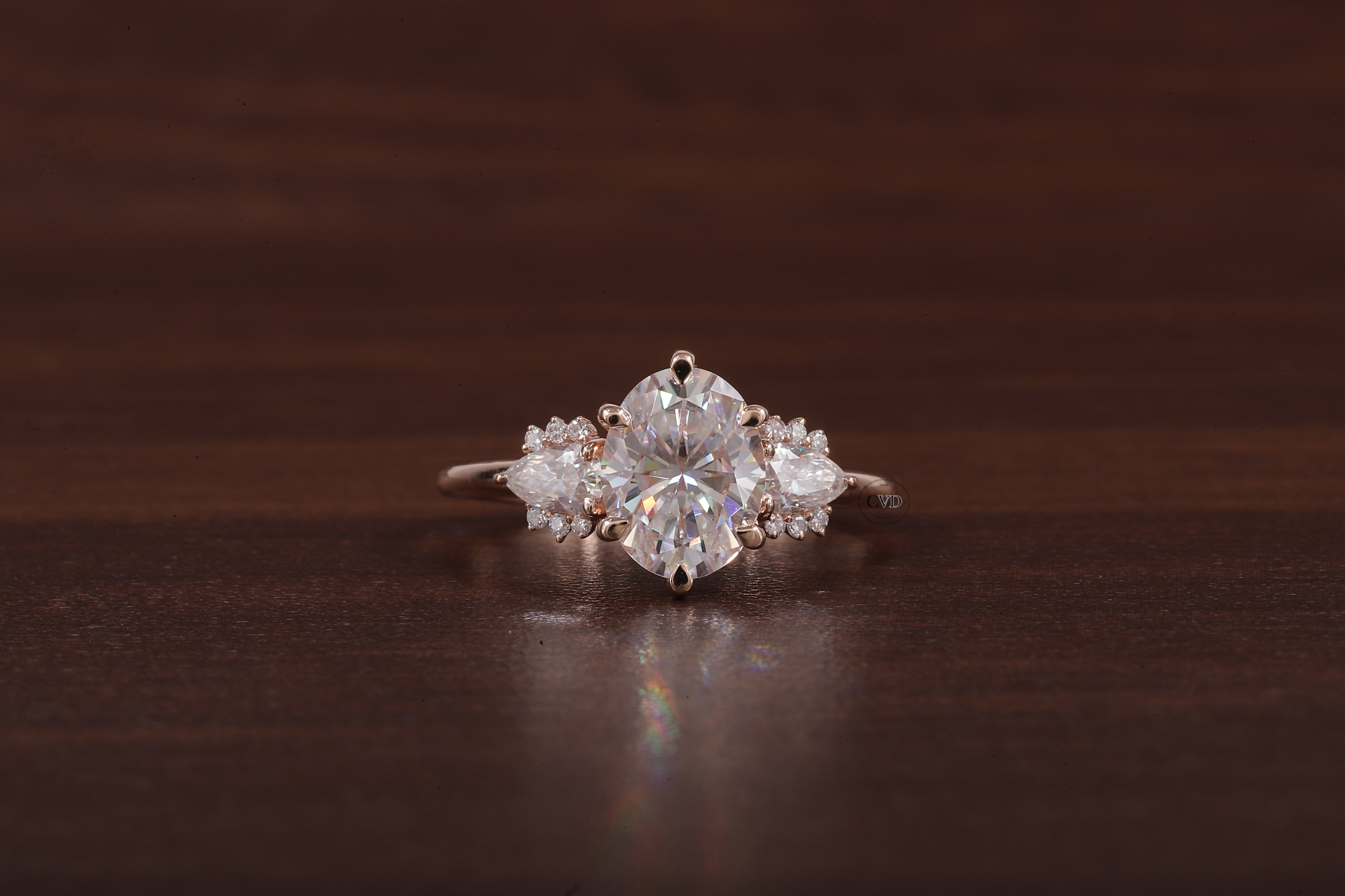 2ct Oval Cut Moissanite Engagement Ring, Oval Moissanite with side Pear Ring