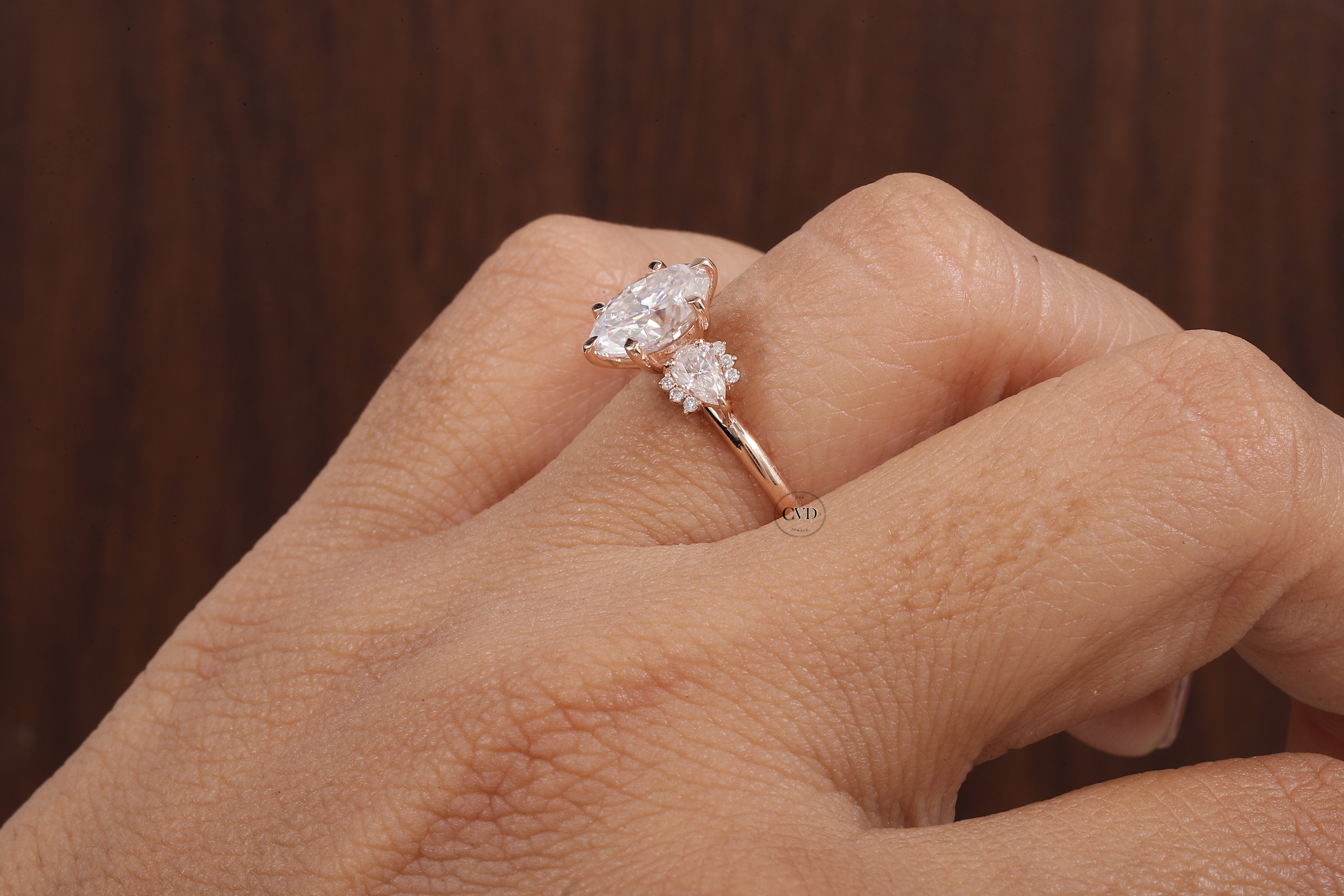 2ct Oval Cut Moissanite Engagement Ring, Oval Moissanite with side Pear Ring