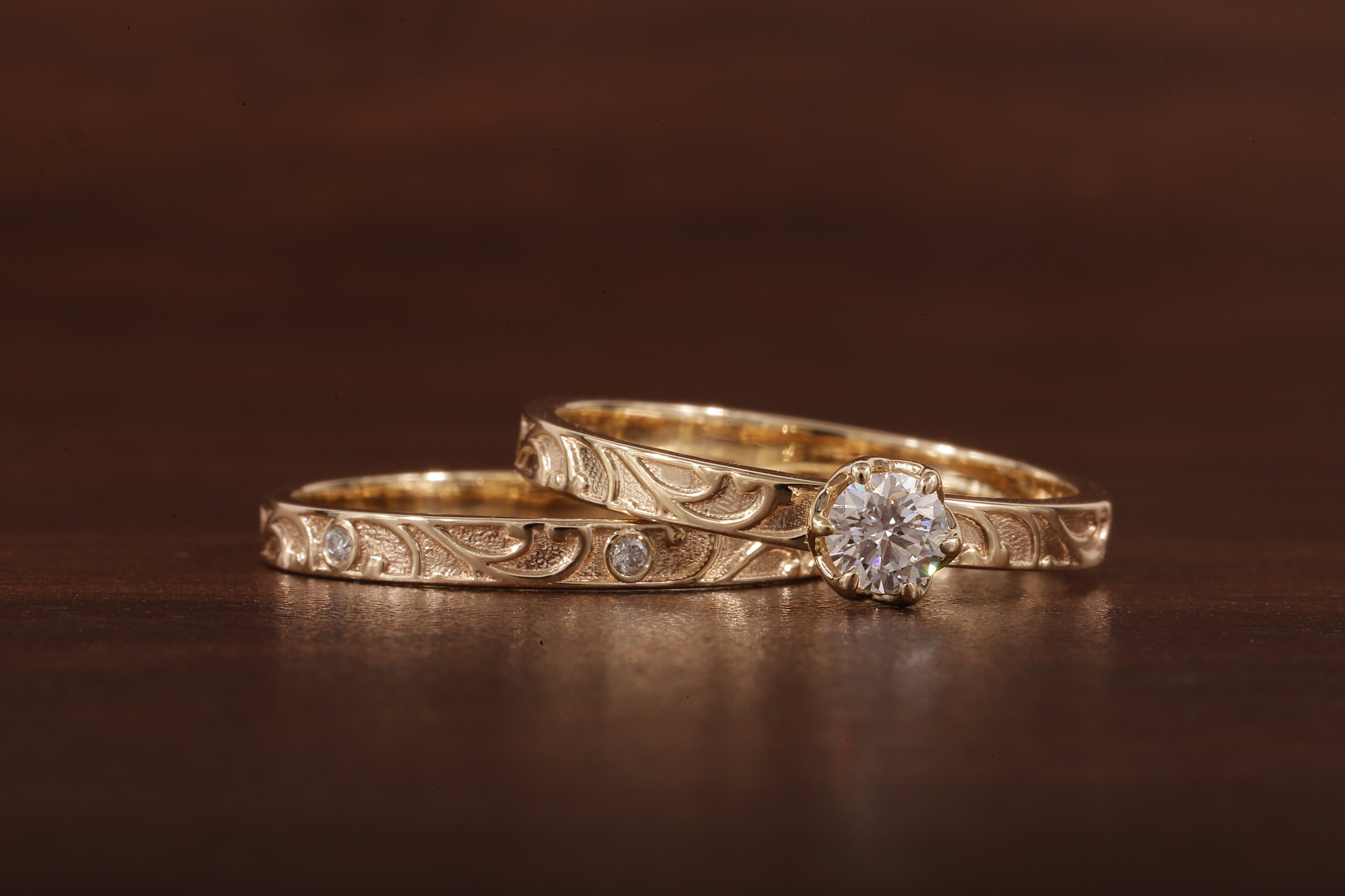 Luxury Round Lab Diamond Engagement Ring Set | Low Profile Designer Gold Band