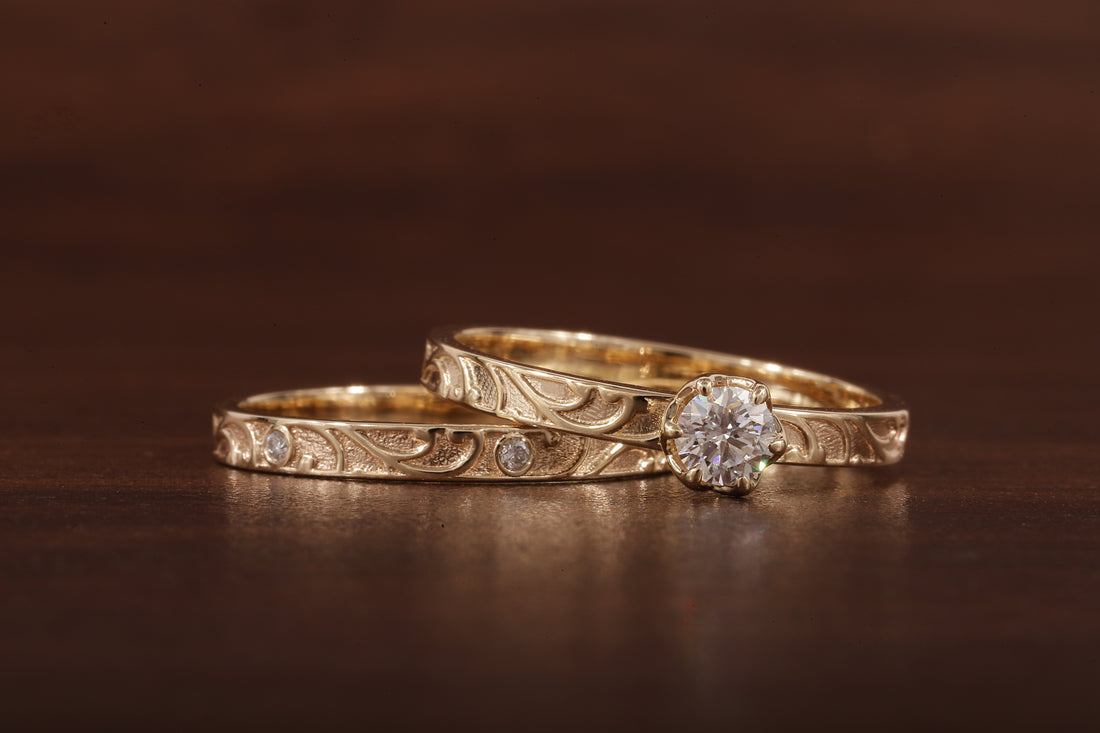Luxury Round Lab Diamond Engagement Ring Set | Low Profile Designer Gold Band