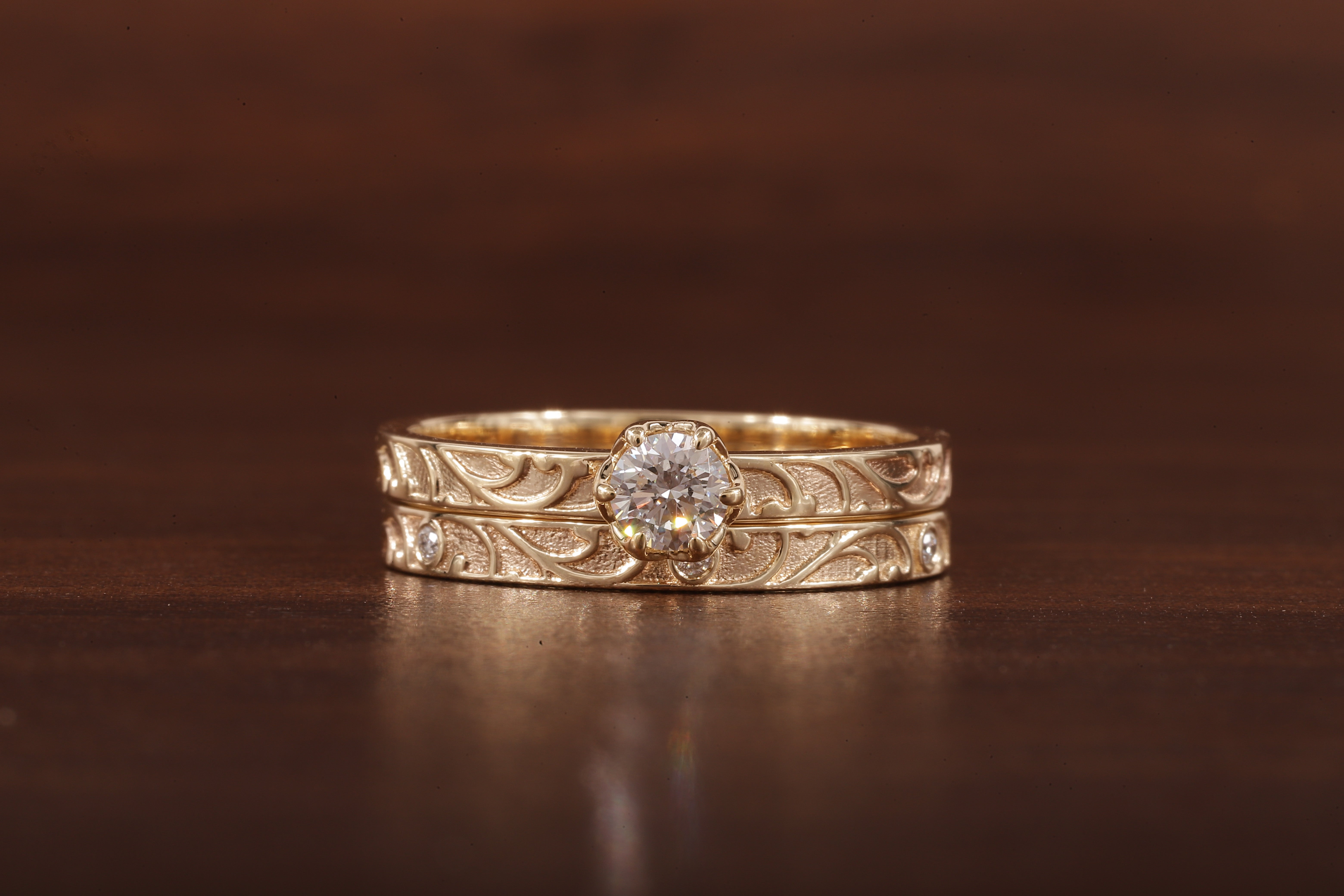 Luxury Round Lab Diamond Engagement Ring Set | Low Profile Designer Gold Band