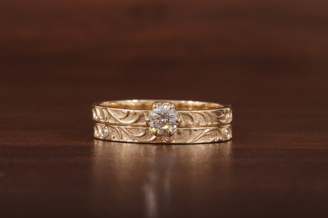 Luxury Round Lab Diamond Engagement Ring Set | Low Profile Designer Gold Band