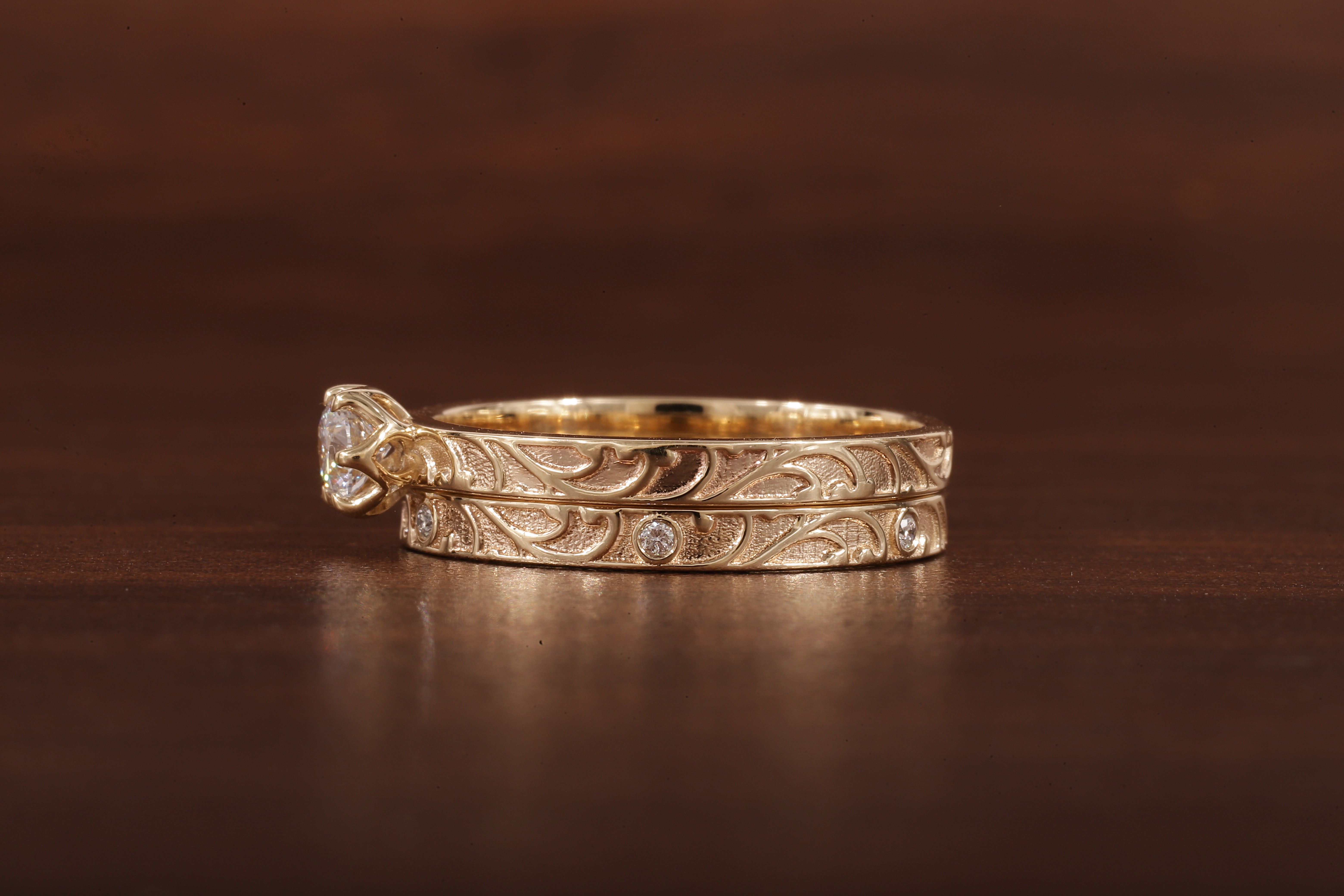 Luxury Round Lab Diamond Engagement Ring Set | Low Profile Designer Gold Band
