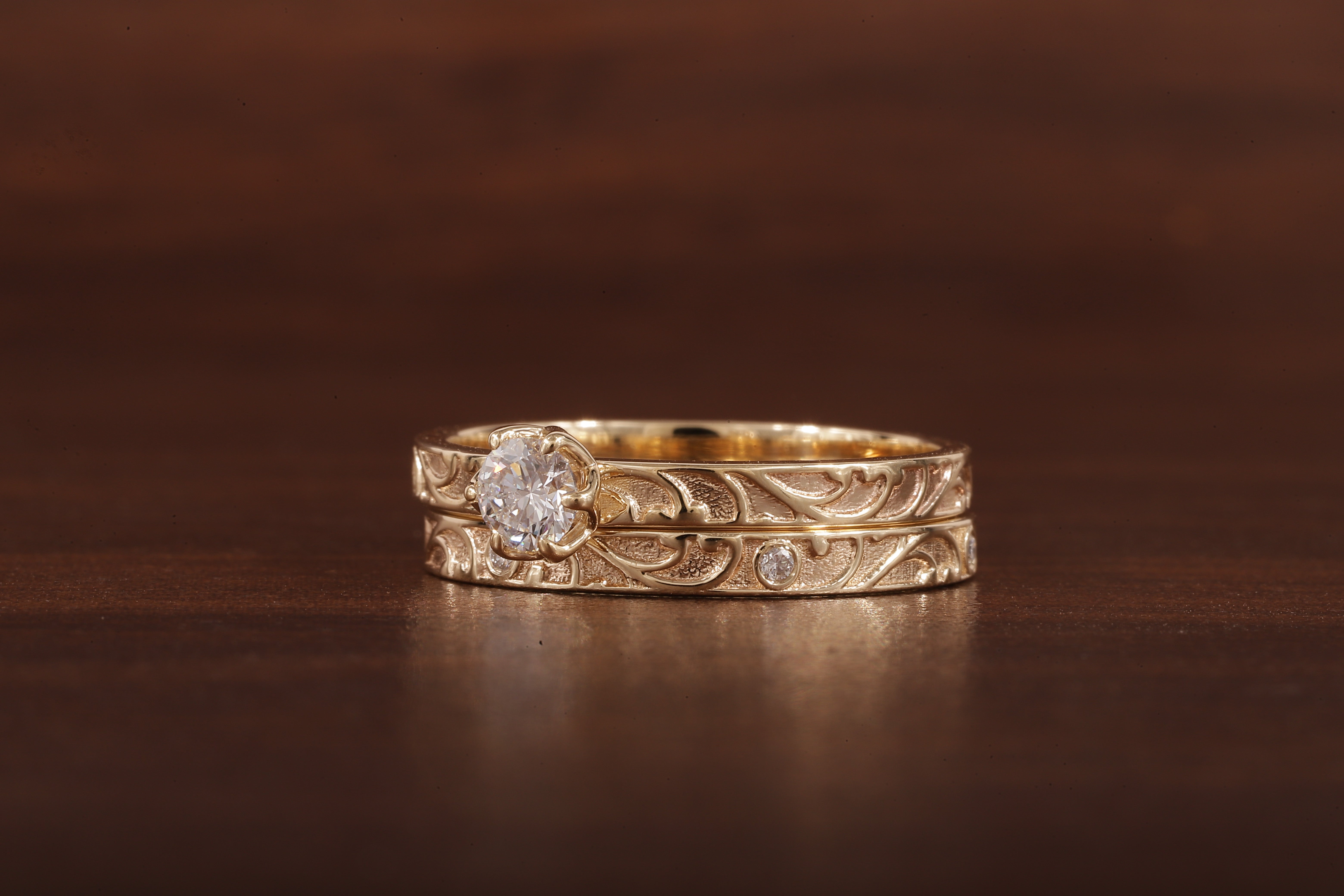 Luxury Round Lab Diamond Engagement Ring Set | Low Profile Designer Gold Band