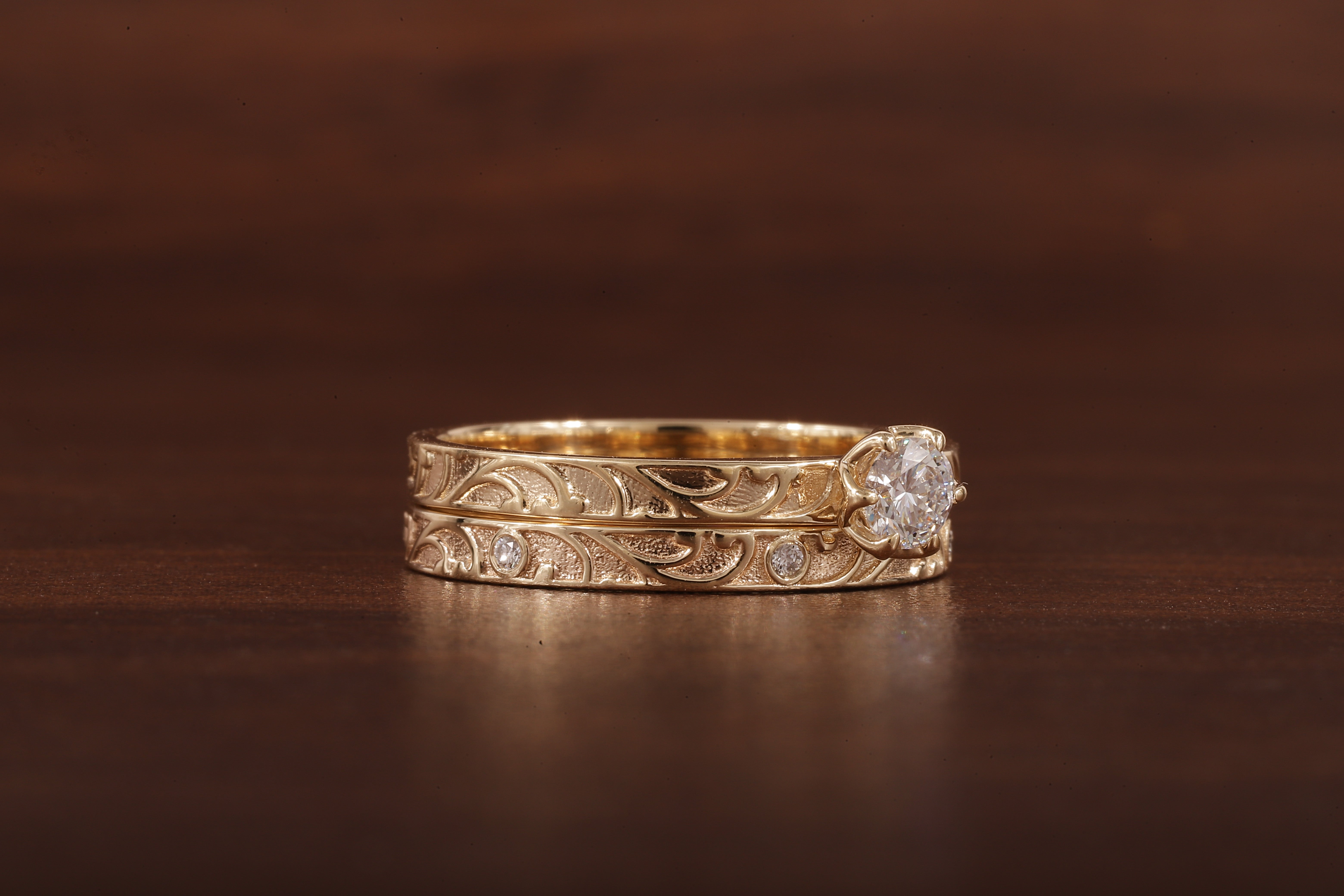 Luxury Round Lab Diamond Engagement Ring Set | Low Profile Designer Gold Band