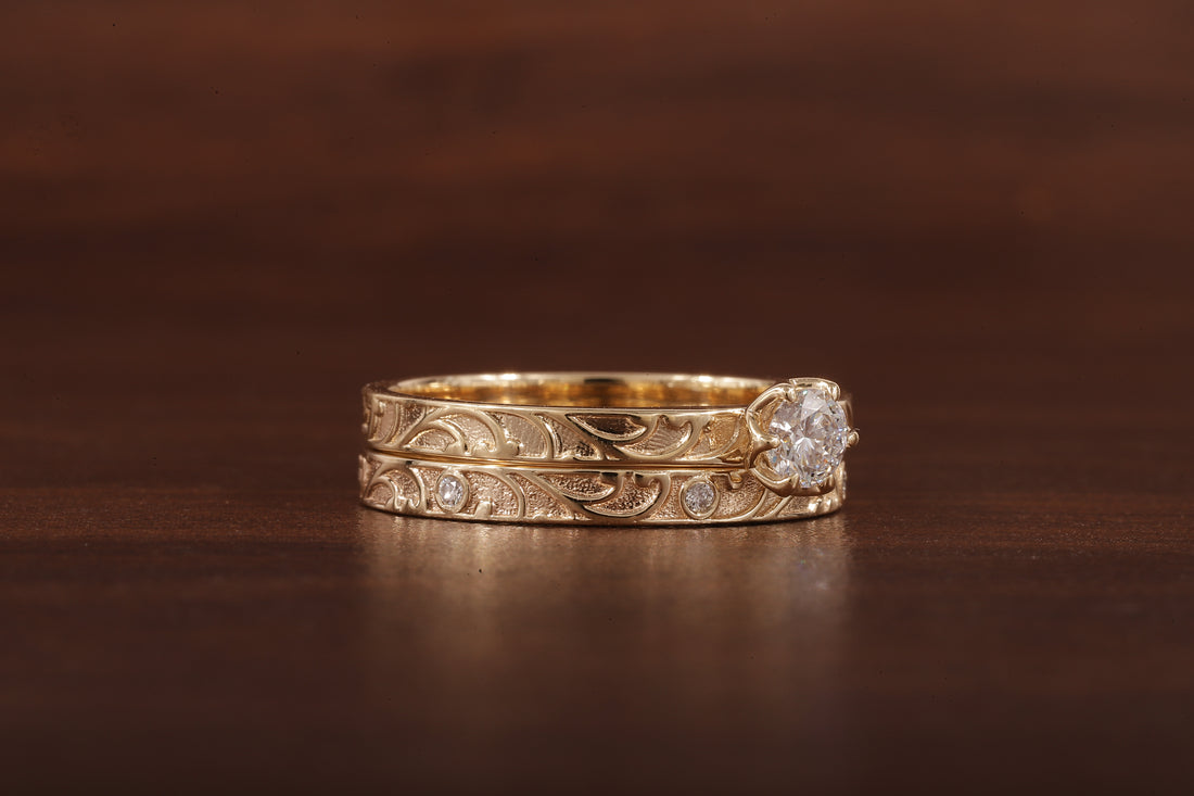 Luxury Round Lab Diamond Engagement Ring Set | Low Profile Designer Gold Band