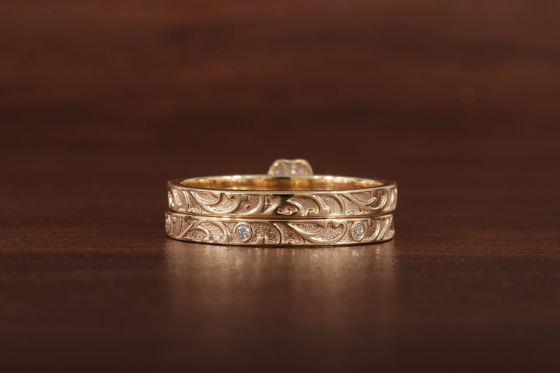 Luxury Round Lab Diamond Engagement Ring Set | Low Profile Designer Gold Band