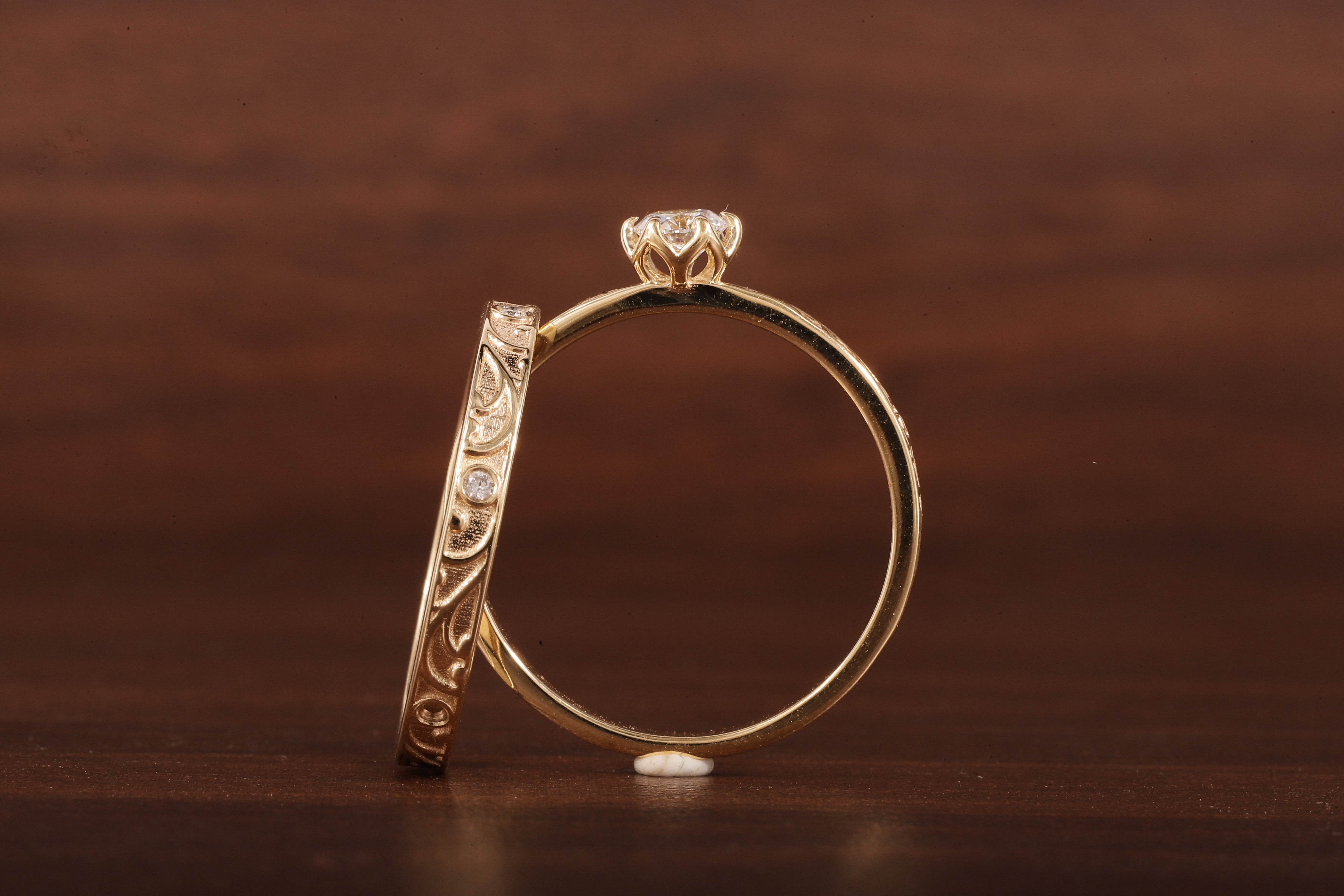 Luxury Round Lab Diamond Engagement Ring Set | Low Profile Designer Gold Band