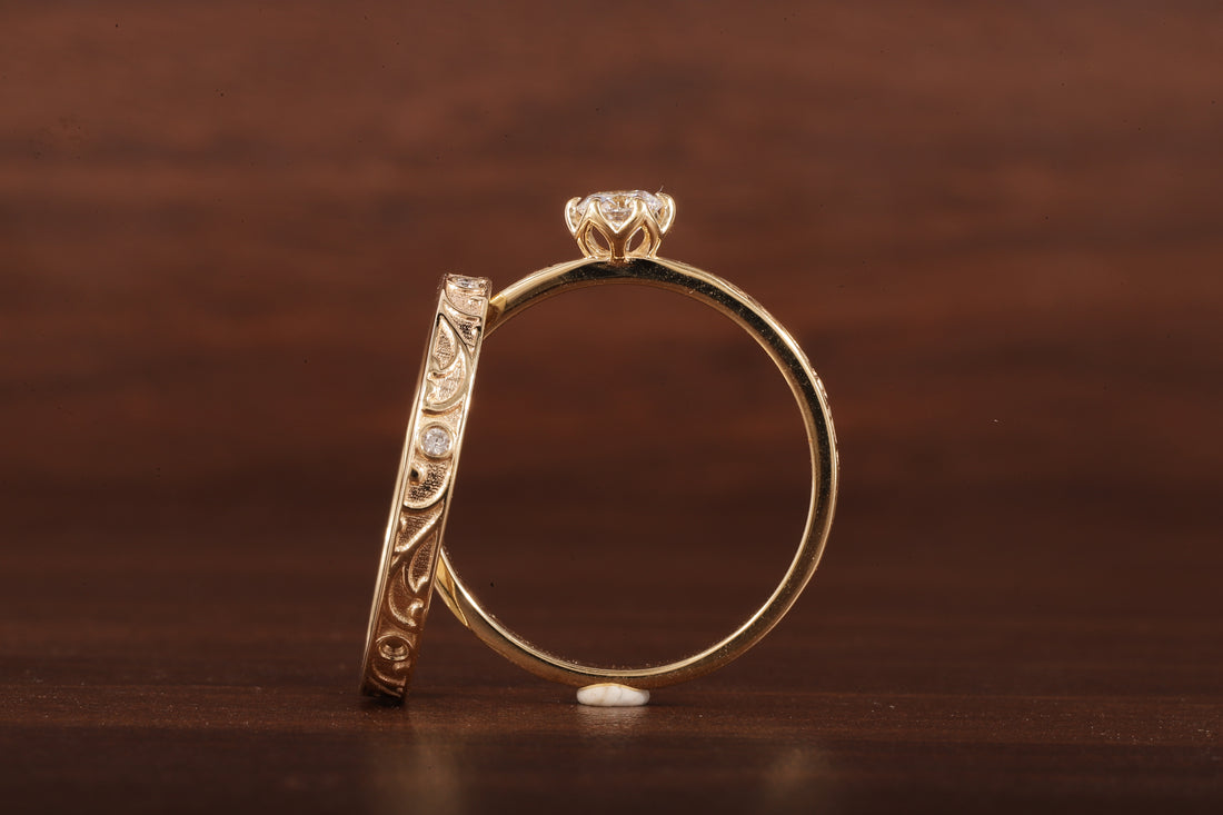 Luxury Round Lab Diamond Engagement Ring Set | Low Profile Designer Gold Band