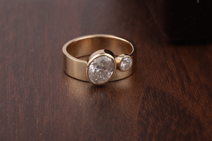 Wide Band Oval and Round Cut Engagement Ring For Women|Bezel Set Wedding Ring