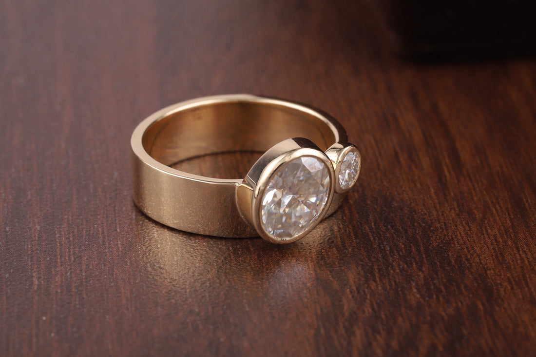 Wide Band Oval and Round Cut Engagement Ring For Women|Bezel Set Wedding Ring