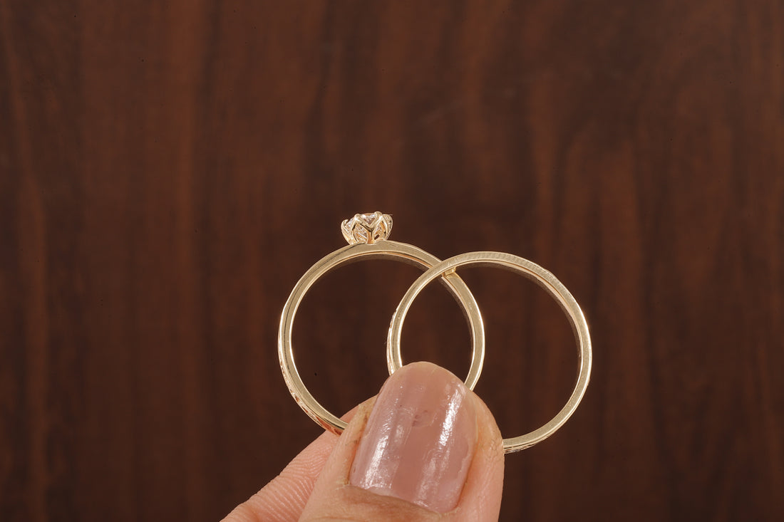 Luxury Round Lab Diamond Engagement Ring Set | Low Profile Designer Gold Band