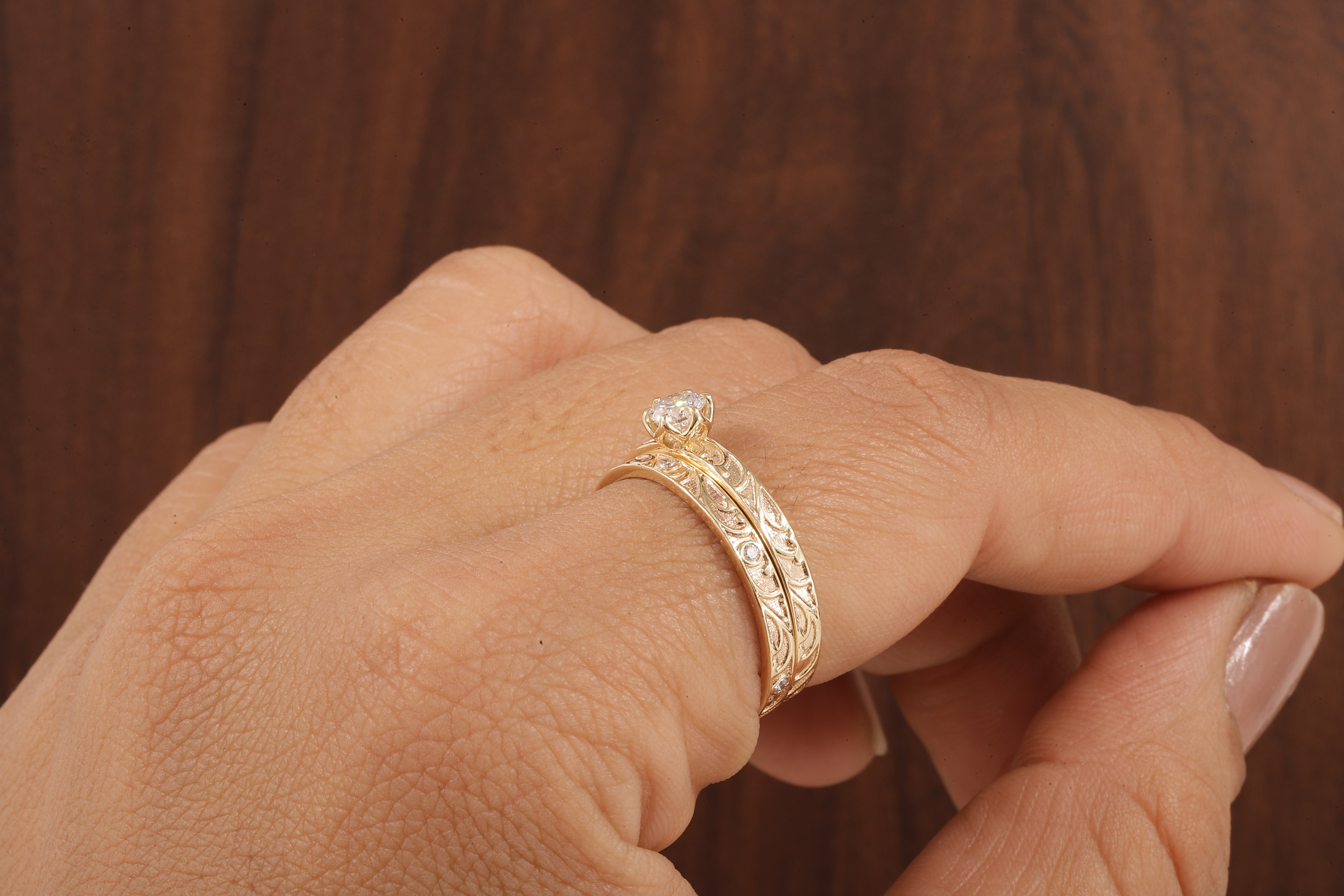 Luxury Round Lab Diamond Engagement Ring Set | Low Profile Designer Gold Band