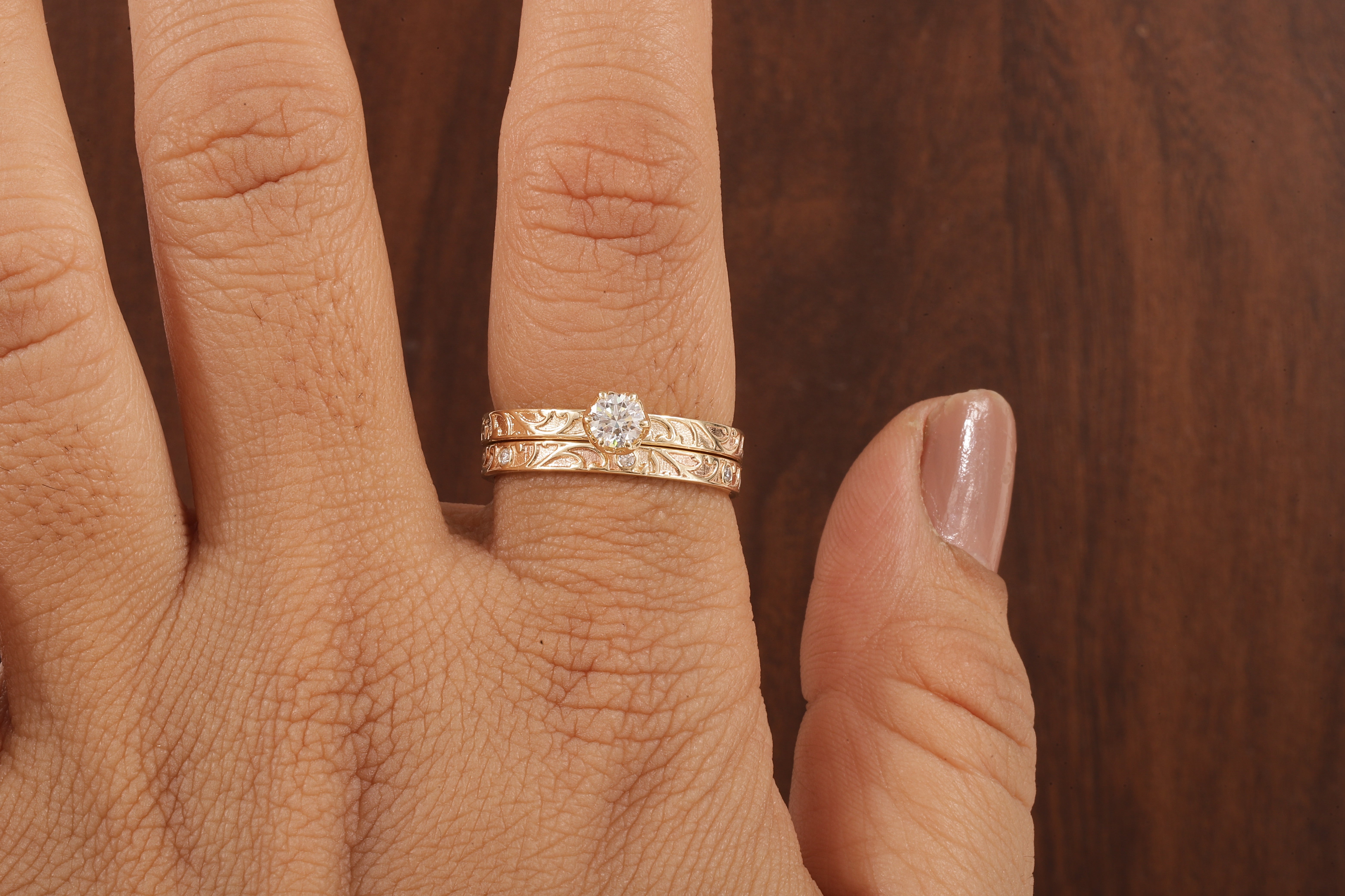 Luxury Round Lab Diamond Engagement Ring Set | Low Profile Designer Gold Band