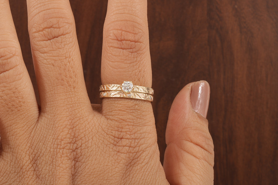 Luxury Round Lab Diamond Engagement Ring Set | Low Profile Designer Gold Band