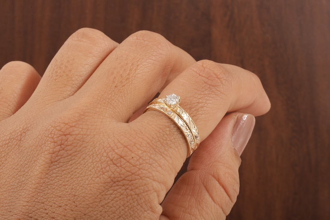 Luxury Round Lab Diamond Engagement Ring Set | Low Profile Designer Gold Band