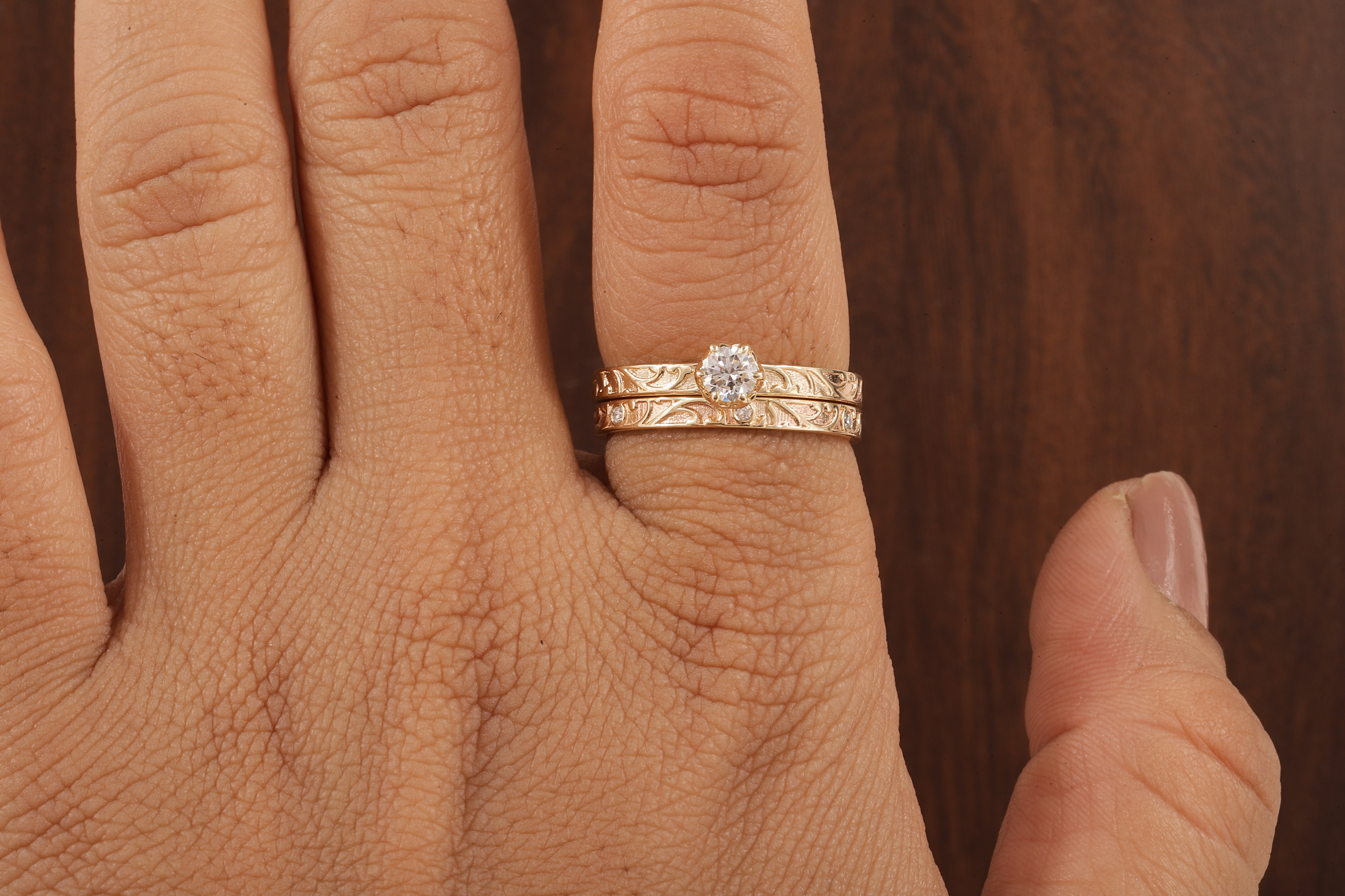 Luxury Round Lab Diamond Engagement Ring Set | Low Profile Designer Gold Band