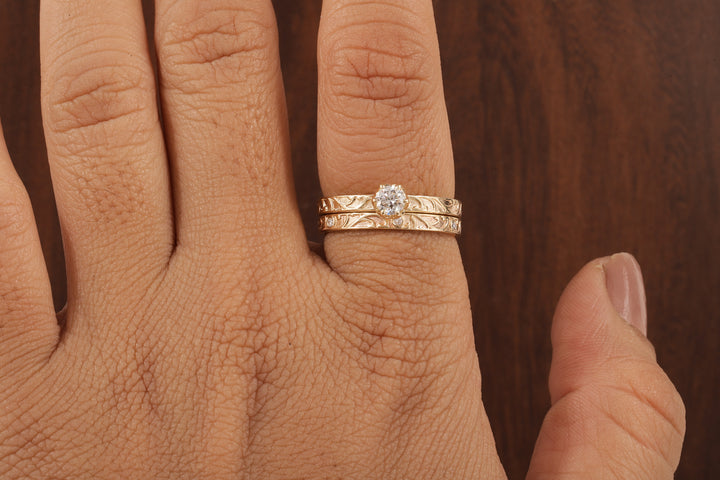 Luxury Round Lab Diamond Engagement Ring Set | Low Profile Designer Gold Band