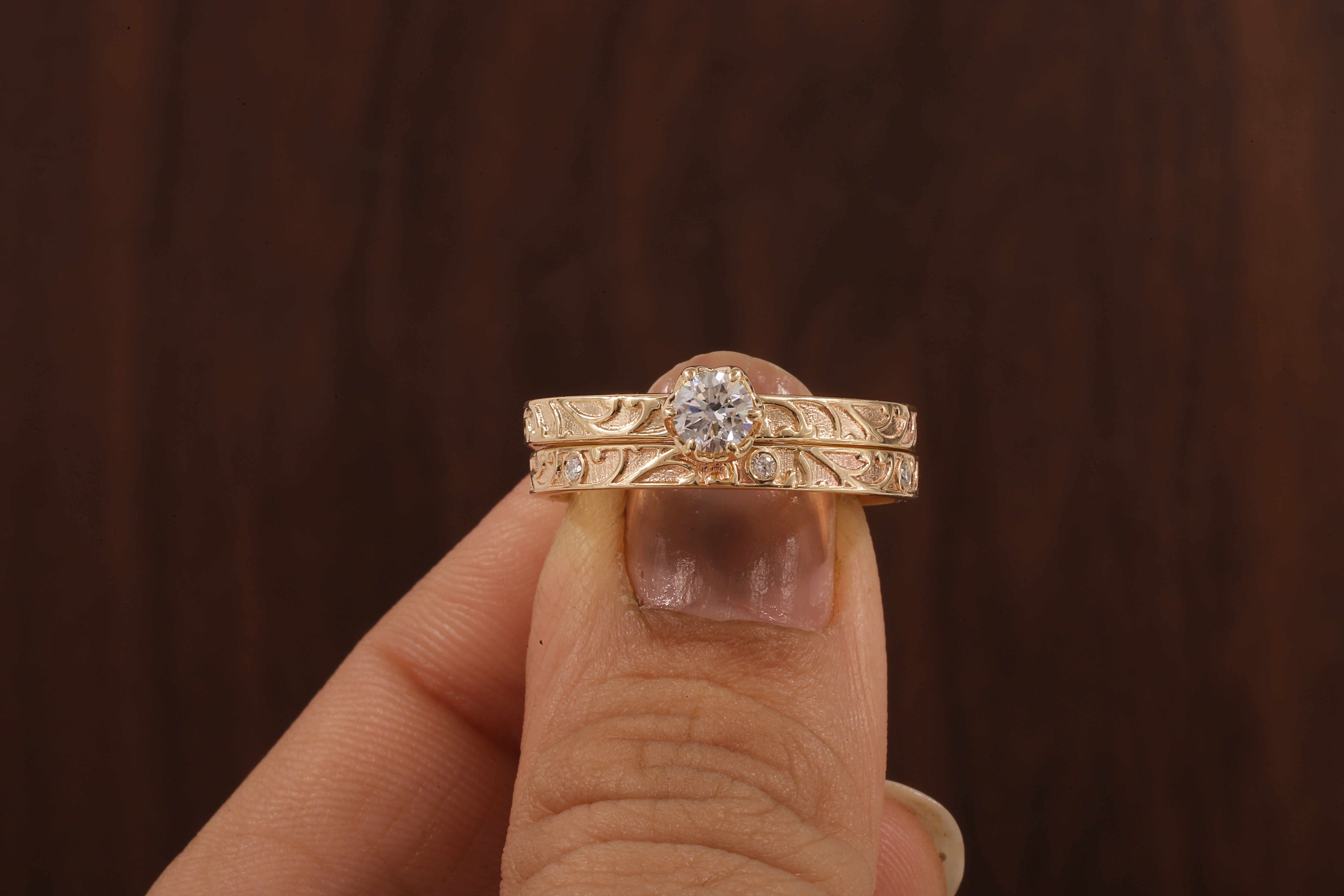 Luxury Round Lab Diamond Engagement Ring Set | Low Profile Designer Gold Band
