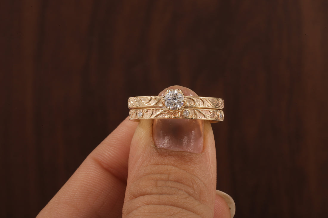 Luxury Round Lab Diamond Engagement Ring Set | Low Profile Designer Gold Band