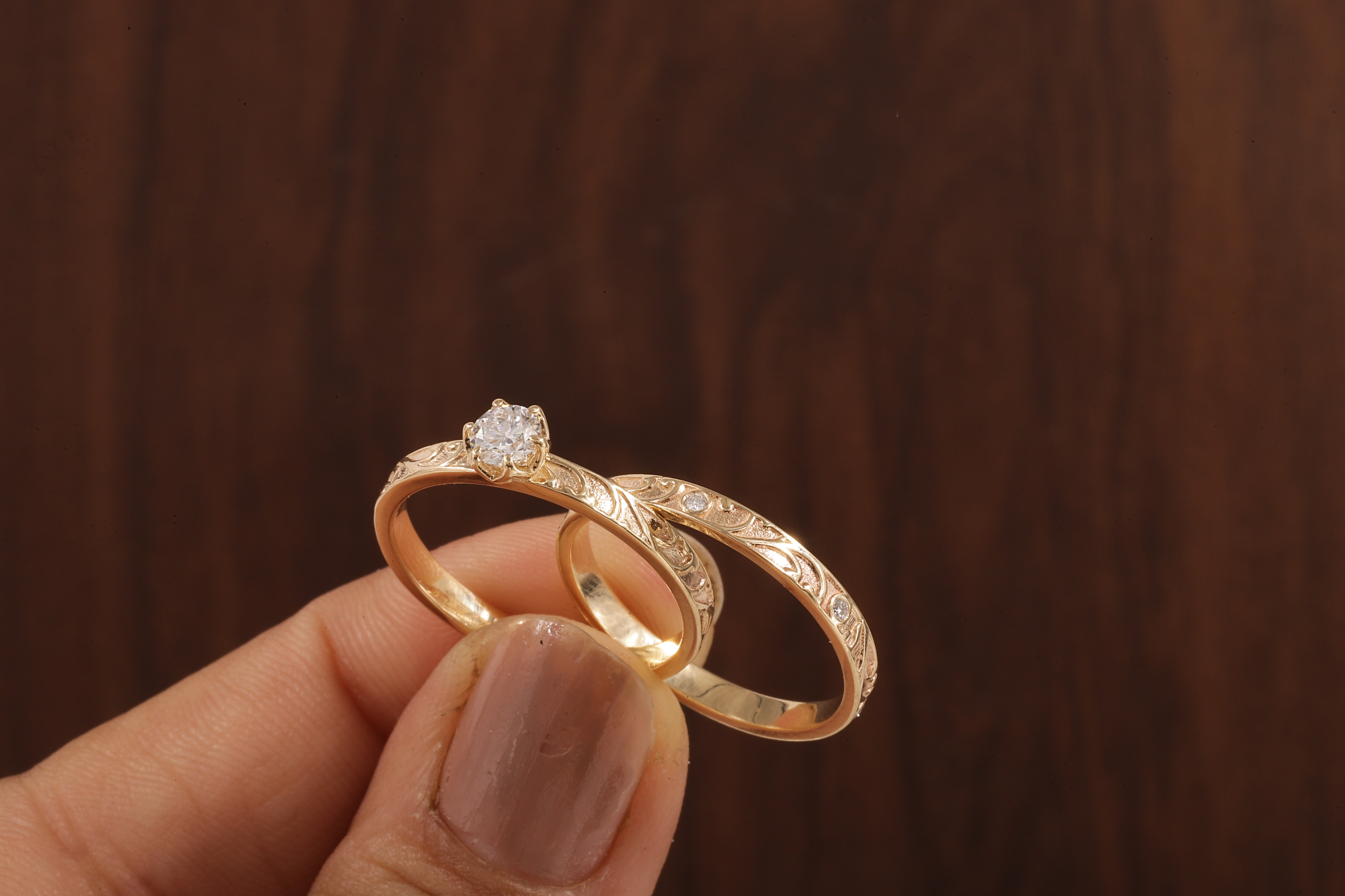 Luxury Round Lab Diamond Engagement Ring Set | Low Profile Designer Gold Band