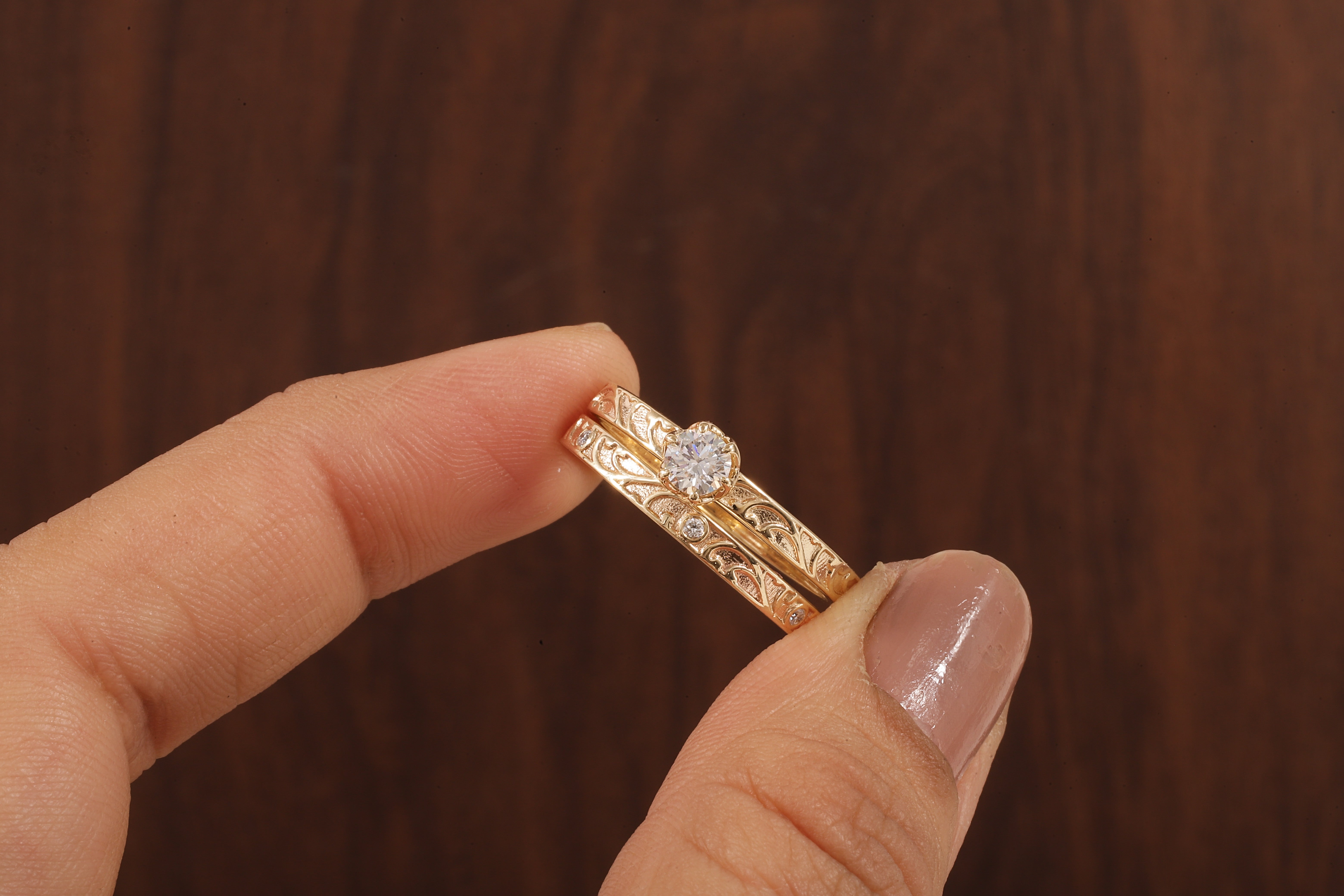 Luxury Round Lab Diamond Engagement Ring Set | Low Profile Designer Gold Band
