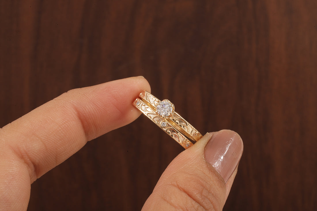 Luxury Round Lab Diamond Engagement Ring Set | Low Profile Designer Gold Band