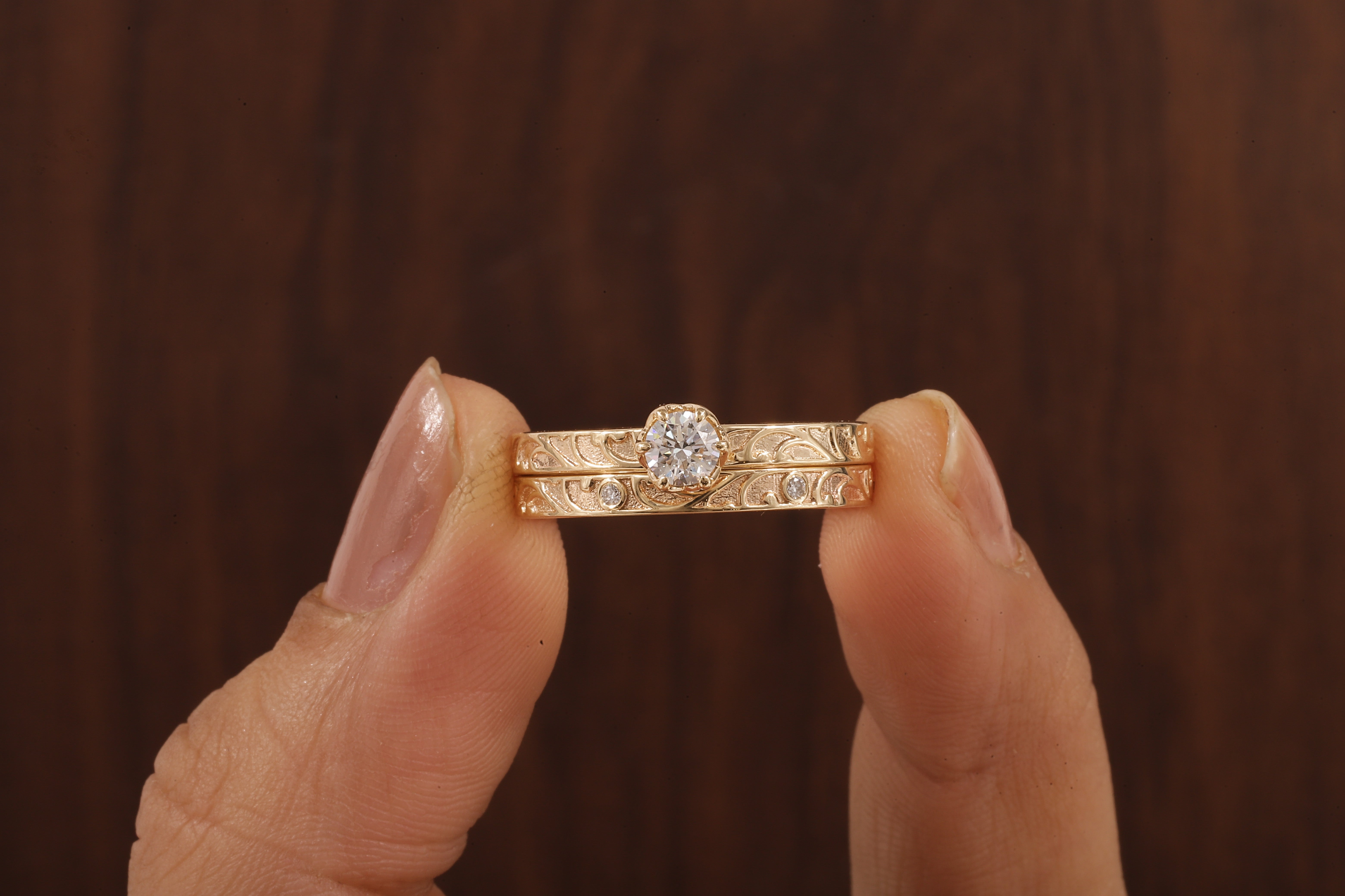 Luxury Round Lab Diamond Engagement Ring Set | Low Profile Designer Gold Band