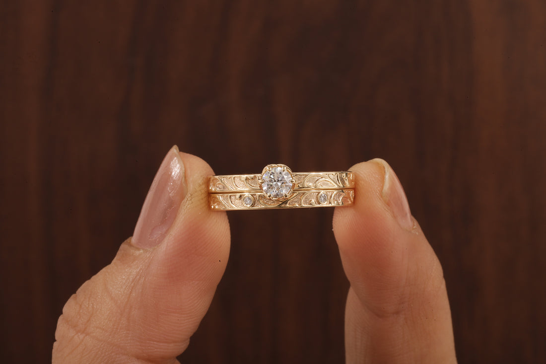 Luxury Round Lab Diamond Engagement Ring Set | Low Profile Designer Gold Band
