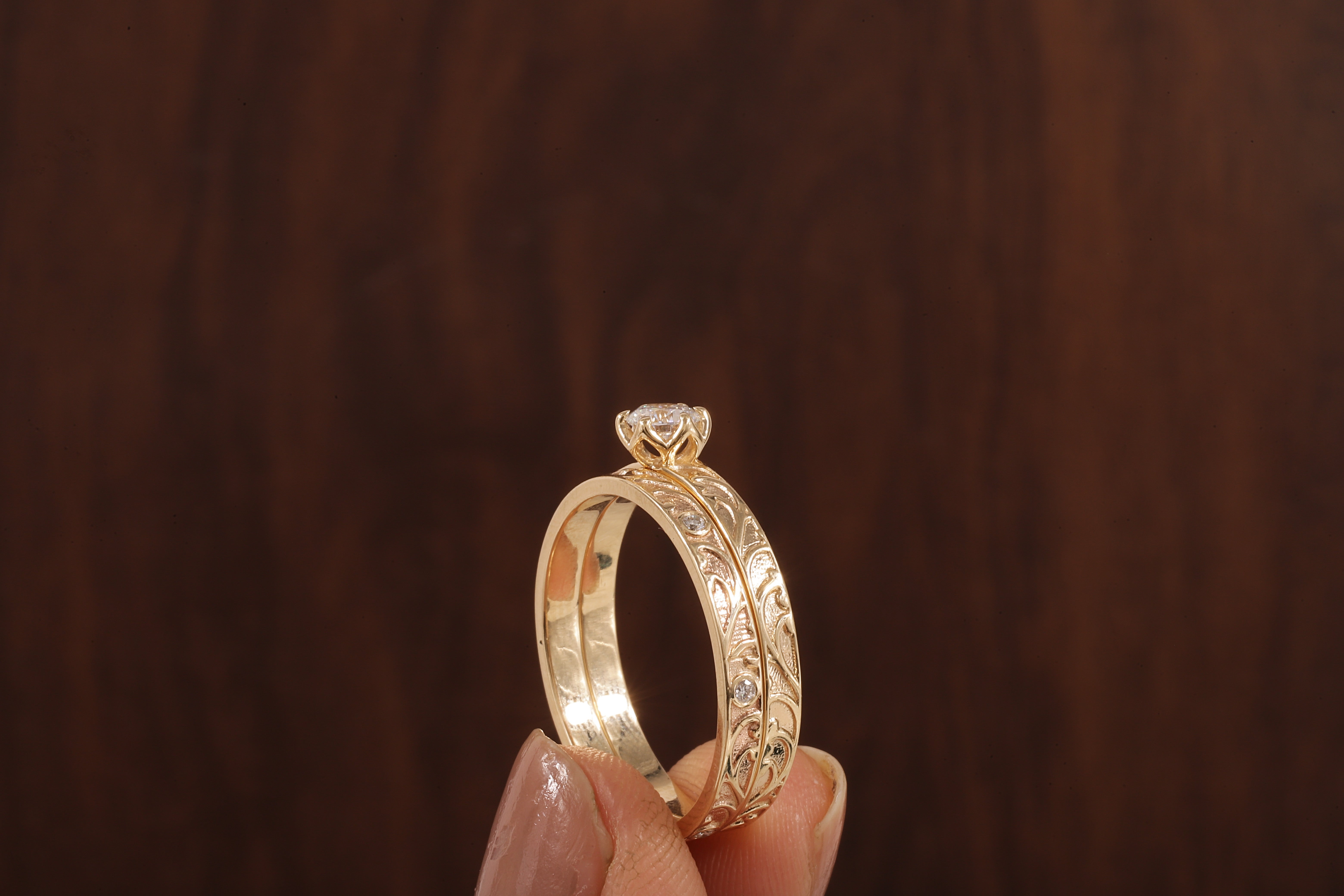 Luxury Round Lab Diamond Engagement Ring Set | Low Profile Designer Gold Band