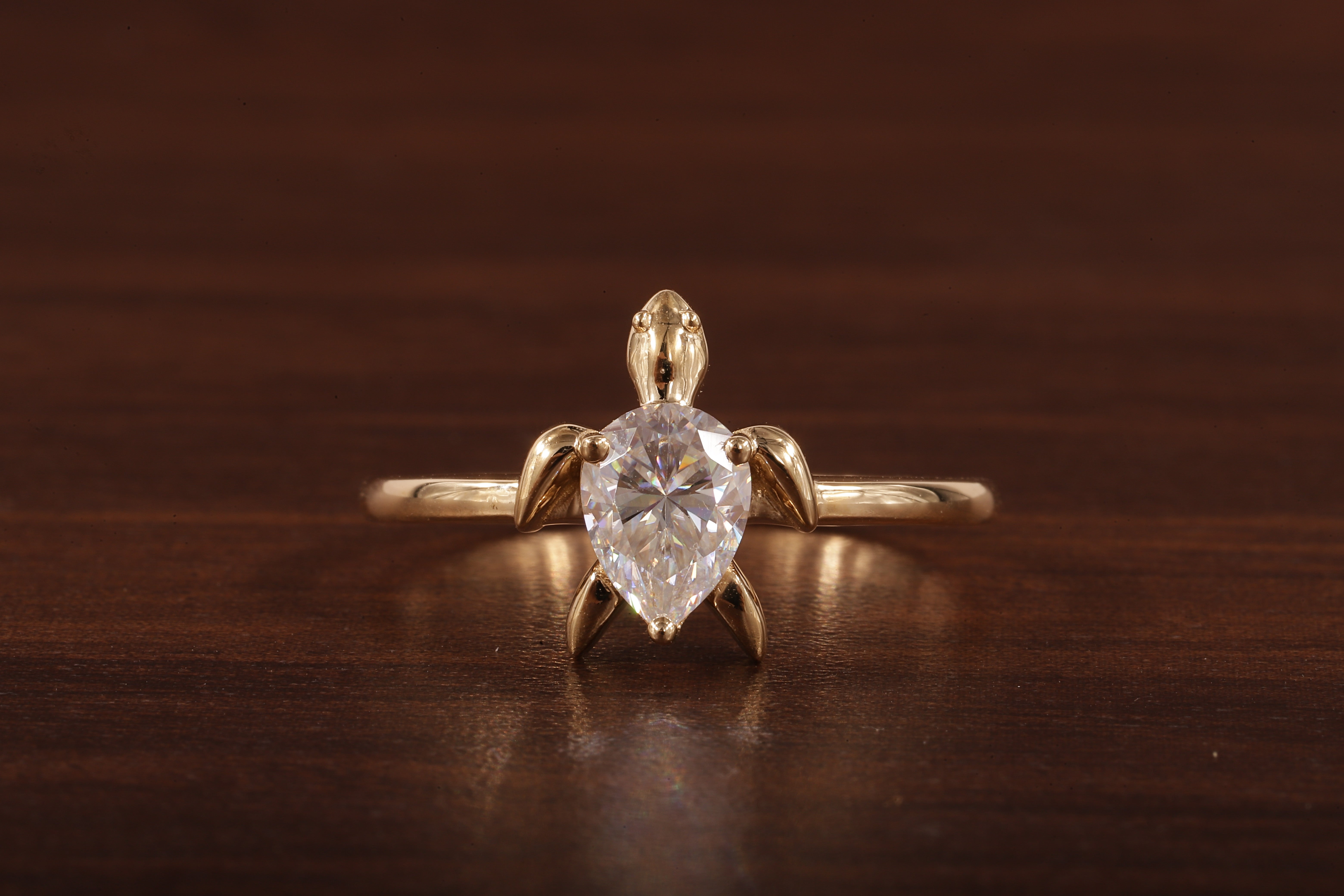 14k Gold Tortoise Ring, Solid Gold Turtle Ring, Dainty Pear Moissanite Ring